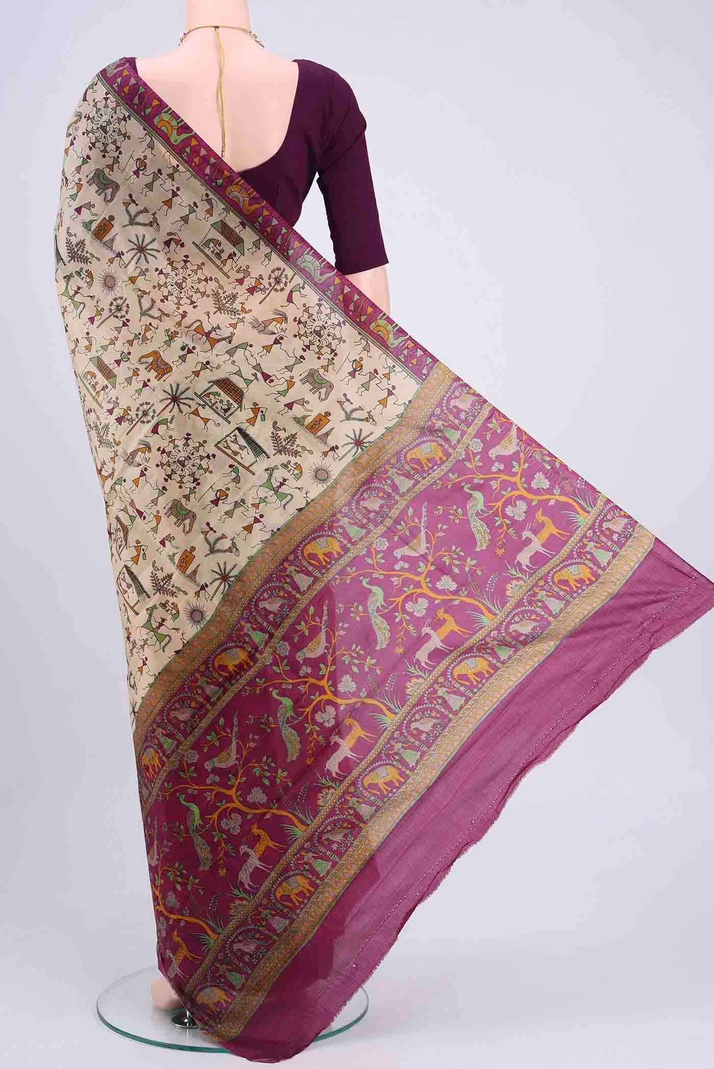 Cream Printed Silk Saree - Image 3