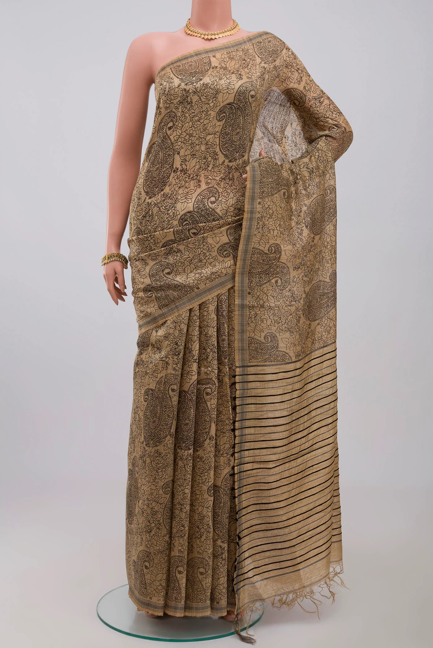 Beige Tussar Silk Saree