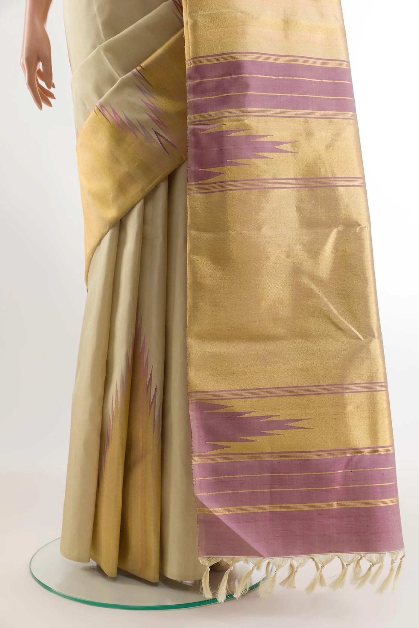 Pure Silk Pure Zari Cream Kanchipuram Saree - Image 3