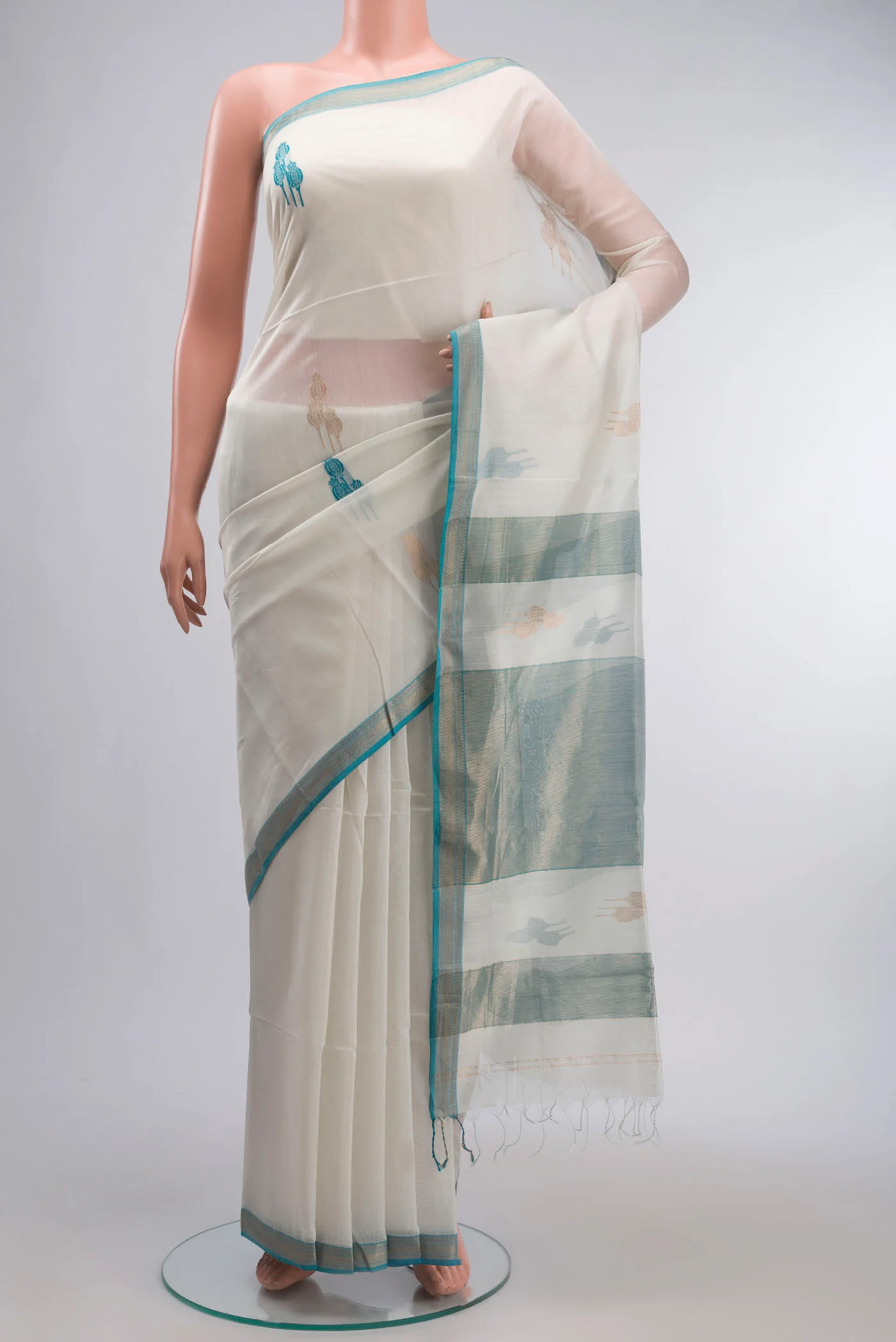 Cream Maheshwari Silk Cotton Saree