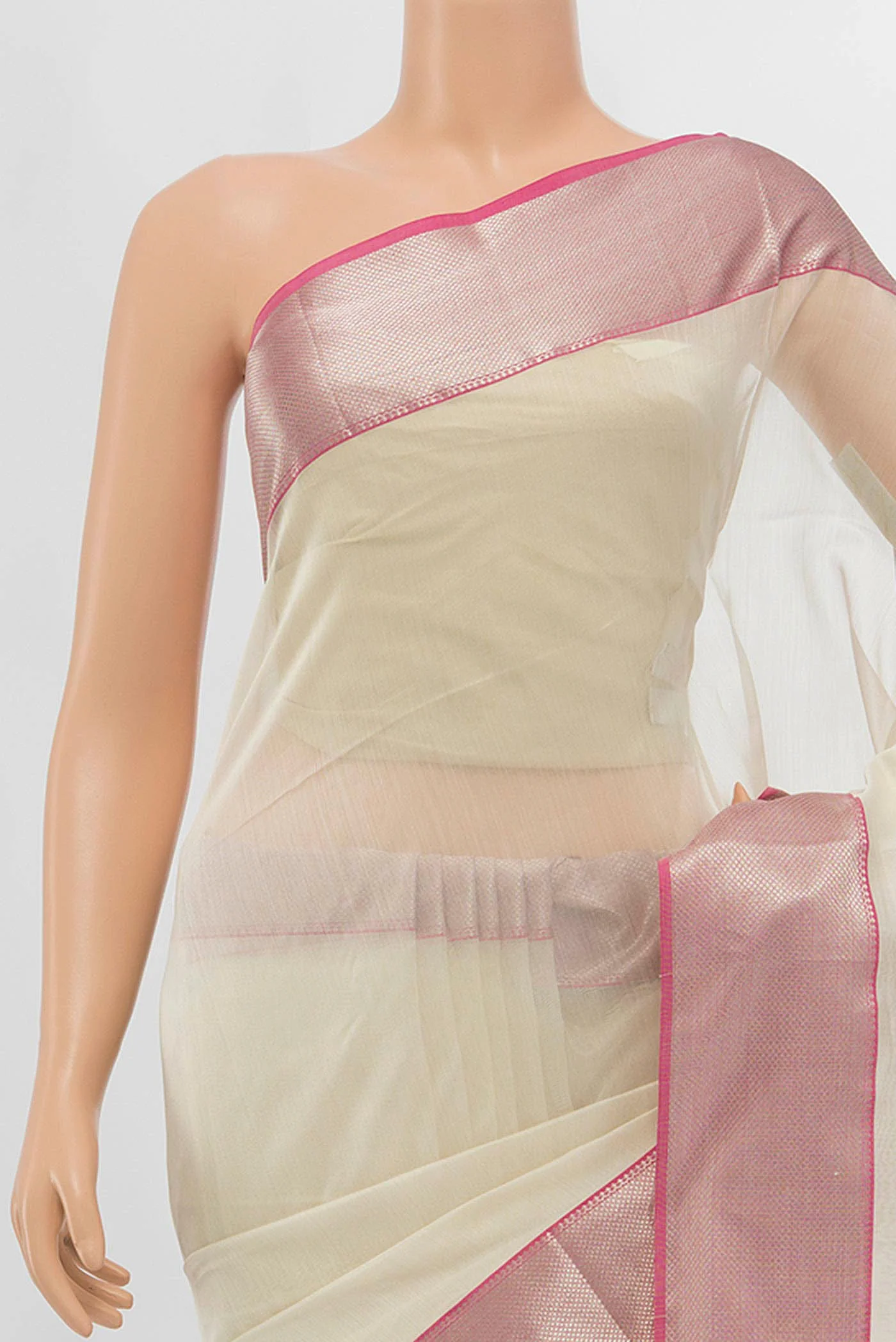 Cream Maheshwari Silk Cotton Saree - Image 2