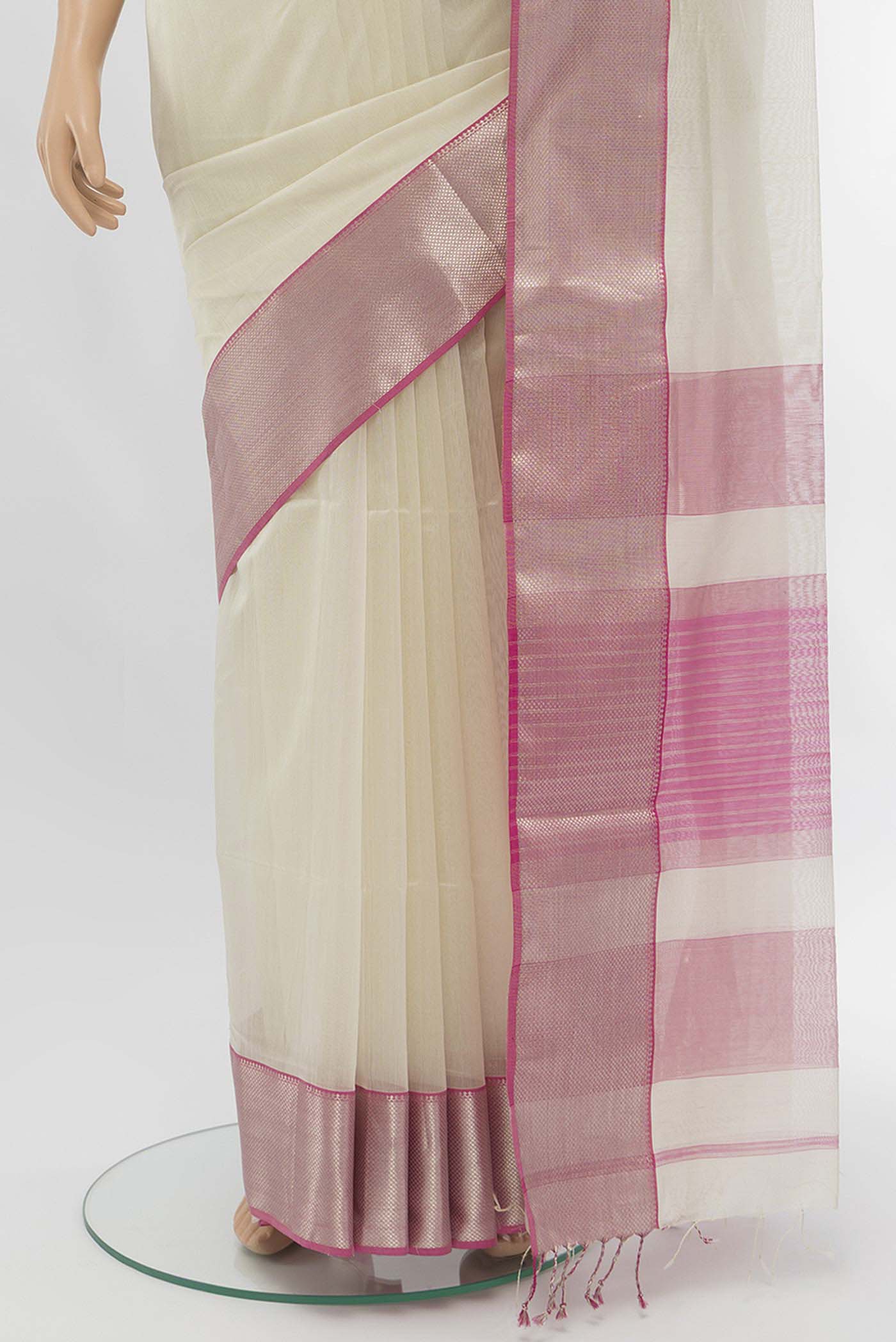 Cream Maheshwari Silk Cotton Saree - Image 3