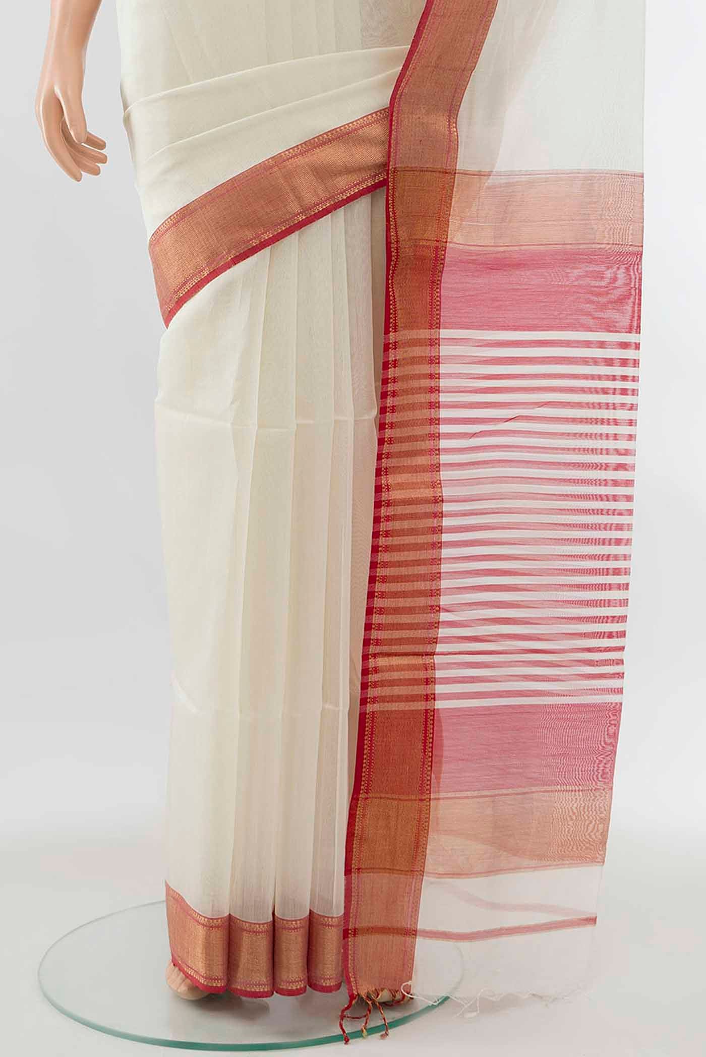 Cream Maheshwari Silk Cotton Saree - Image 3