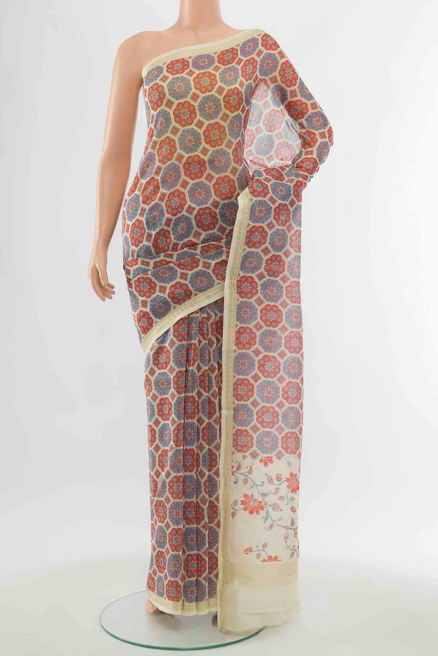 Cream Maheshwari Silk Cotton Saree