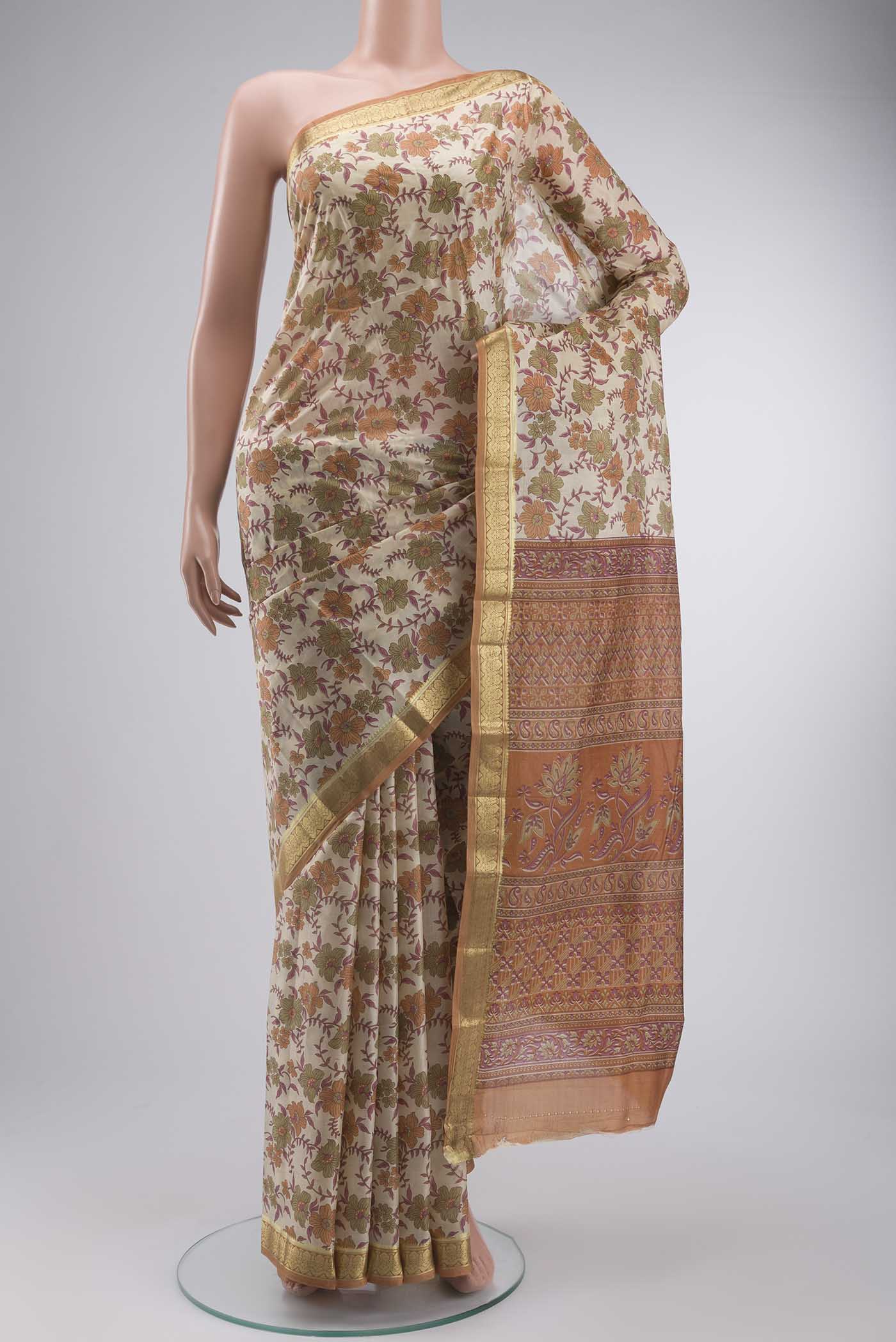 Cream Printed Silk Saree