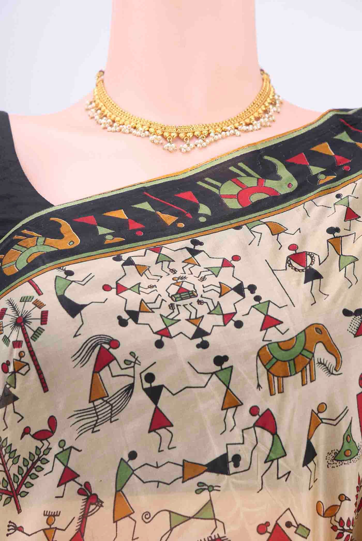 Cream Printed Silk Saree - Image 2