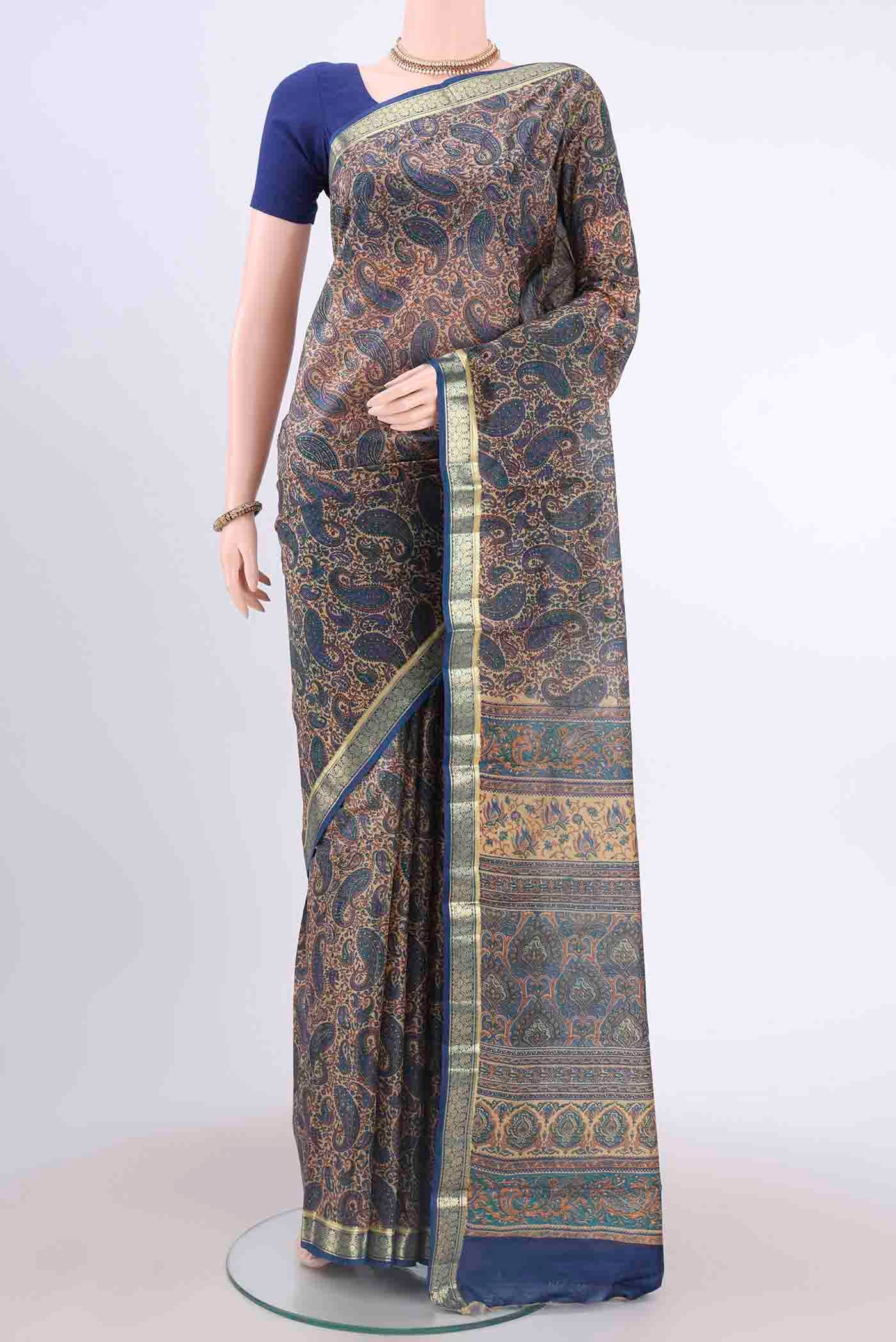 Cream Printed Silk Saree