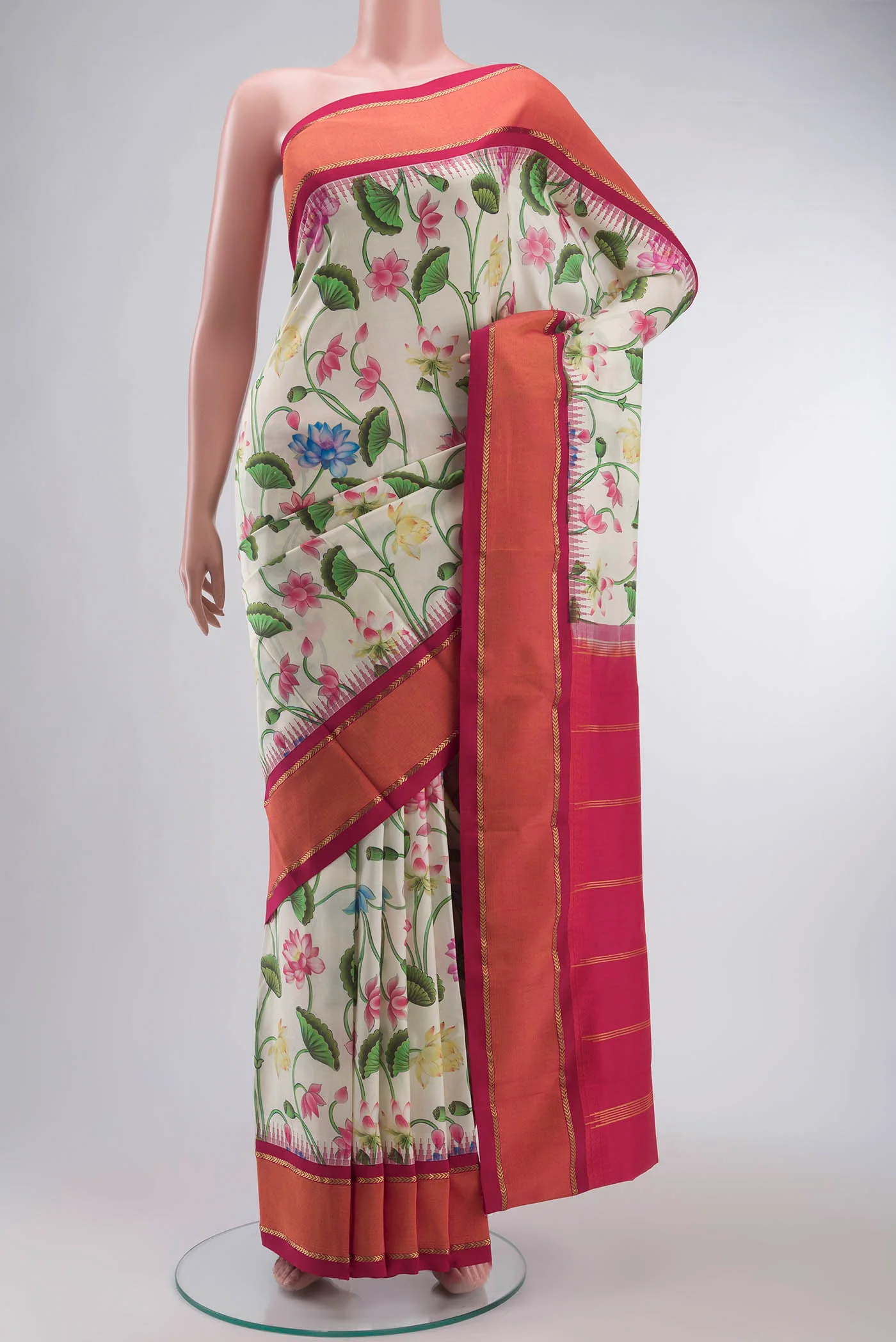 Cream Printed Silk Saree