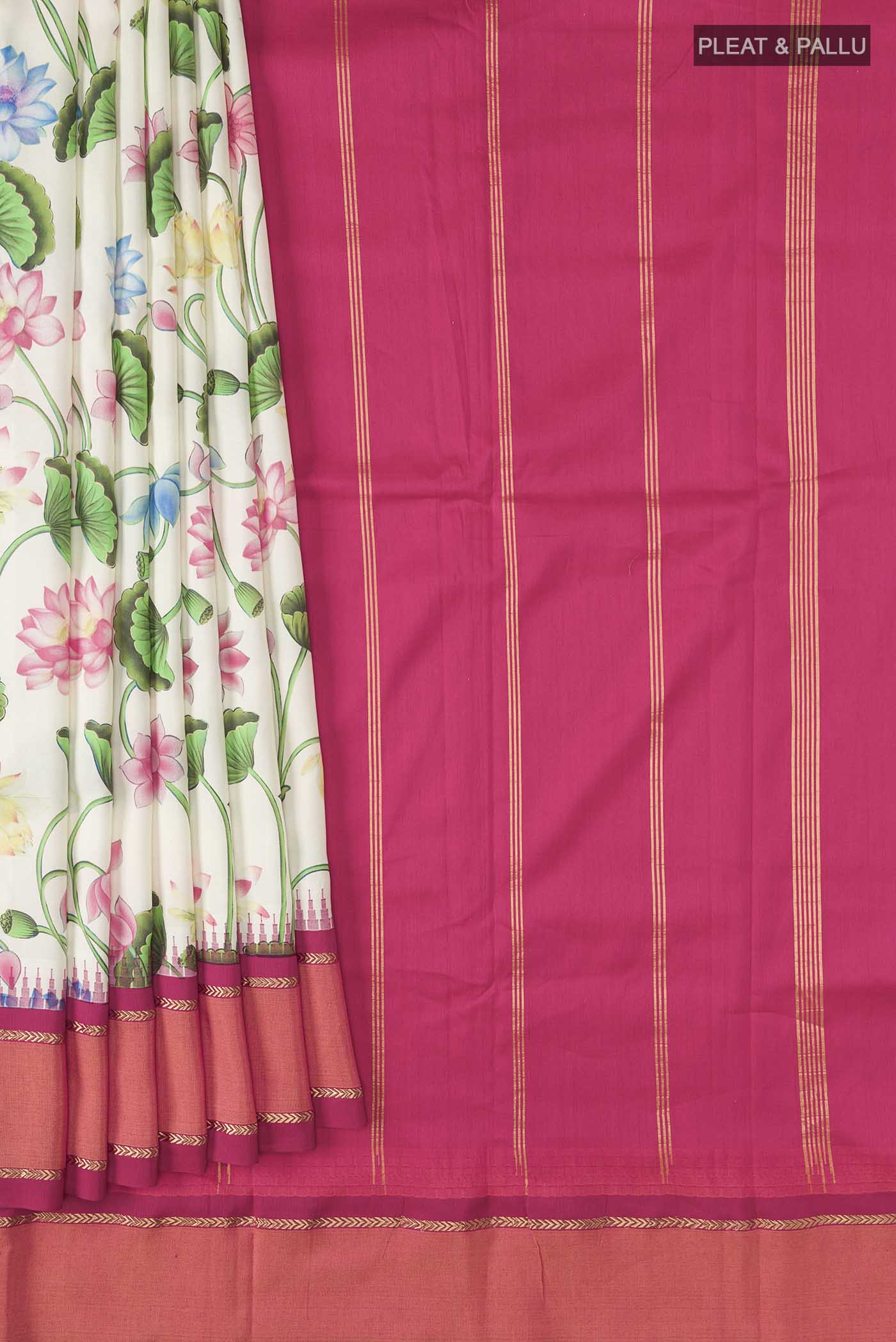Cream Printed Silk Saree - Image 4