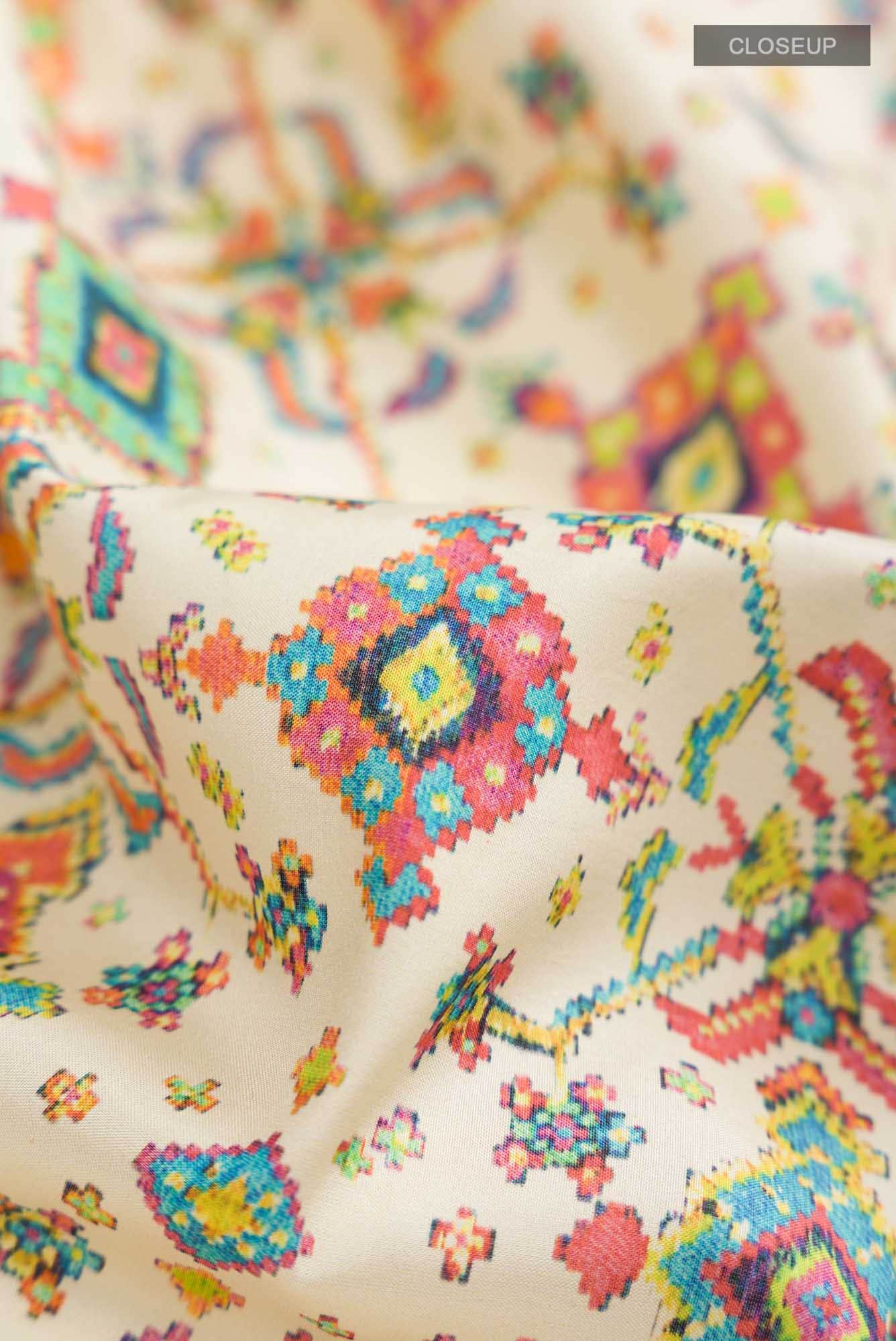 Cream Printed Silk Saree - Image 3