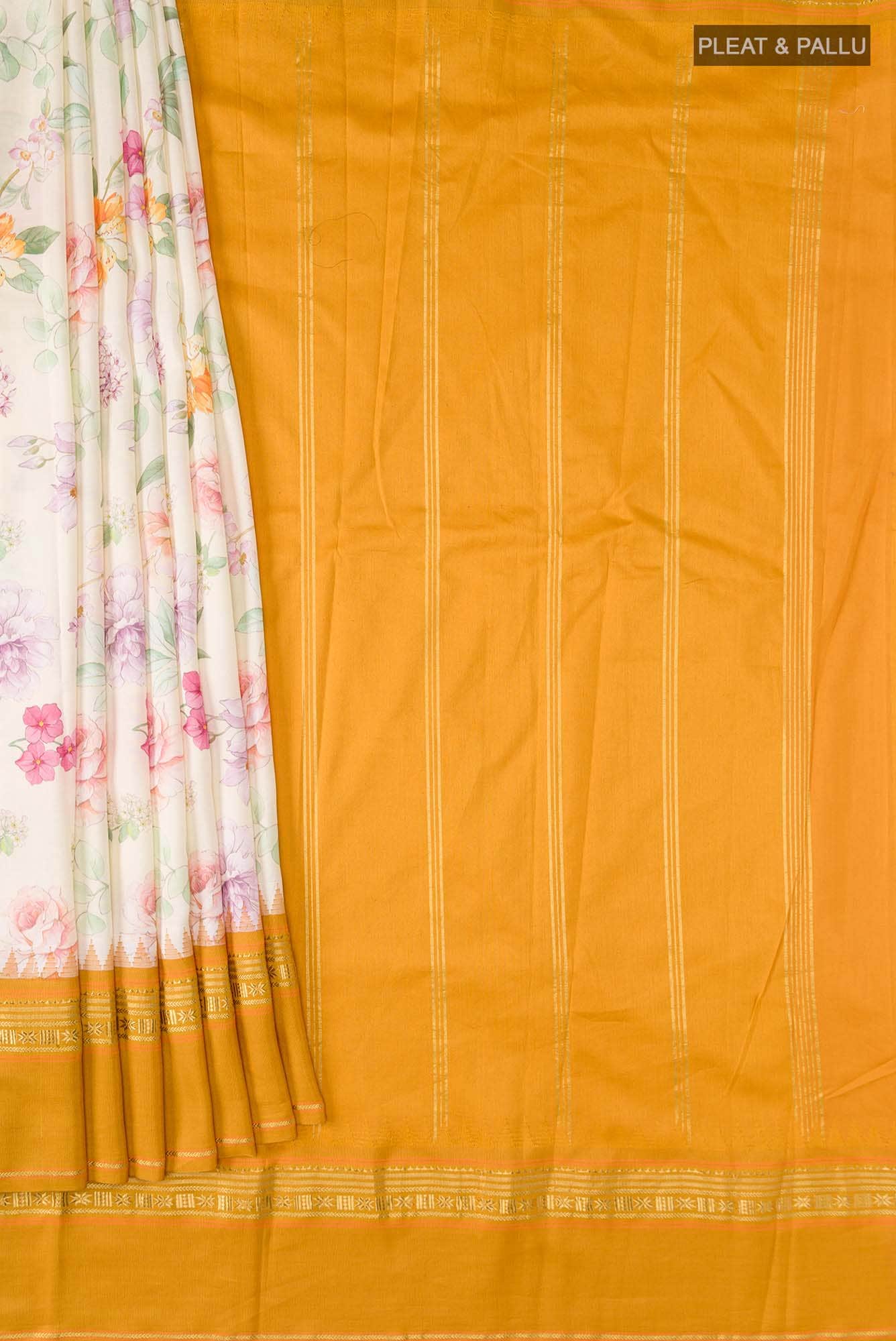 Cream Printed Silk Saree - Image 2