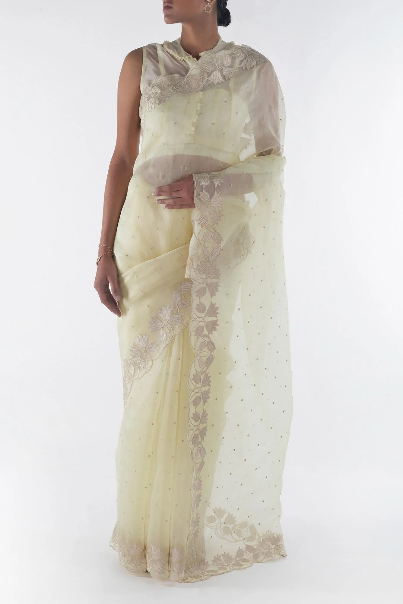 Piety of a Lili Cream floral design saree from Embroidered Romance Collection by Nalli - Image 2