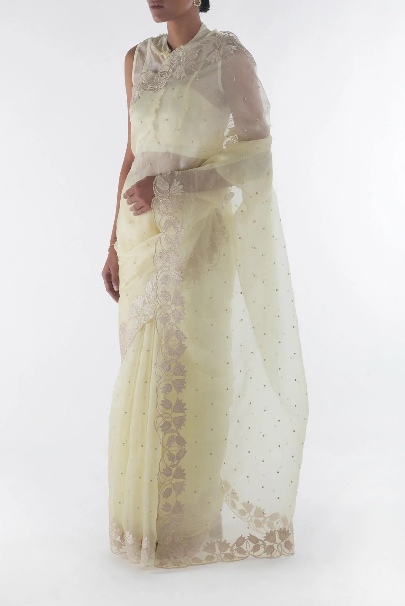Piety of a Lili Cream floral design saree from Embroidered Romance Collection by Nalli - Image 7