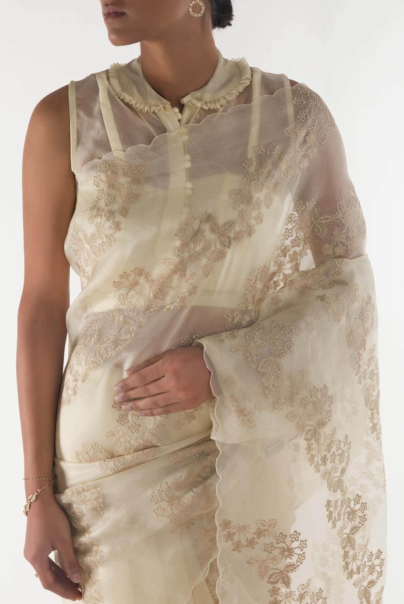 Bella Cream floral design saree from Embroidered Romance Collection by Nalli - Image 2