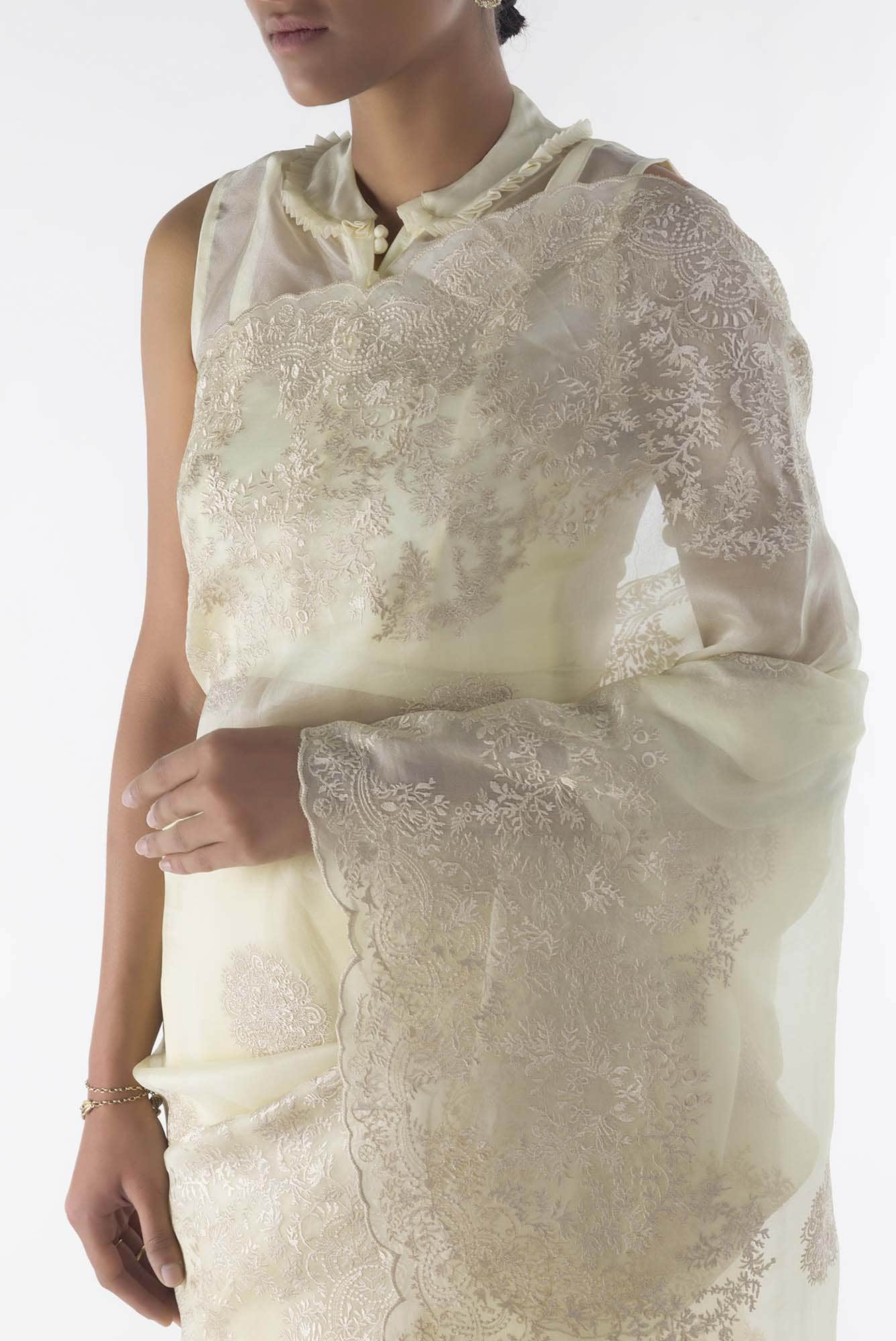 Garden of Eden Cream floral design saree from Embroidered Romance Collection by Nalli - Image 2