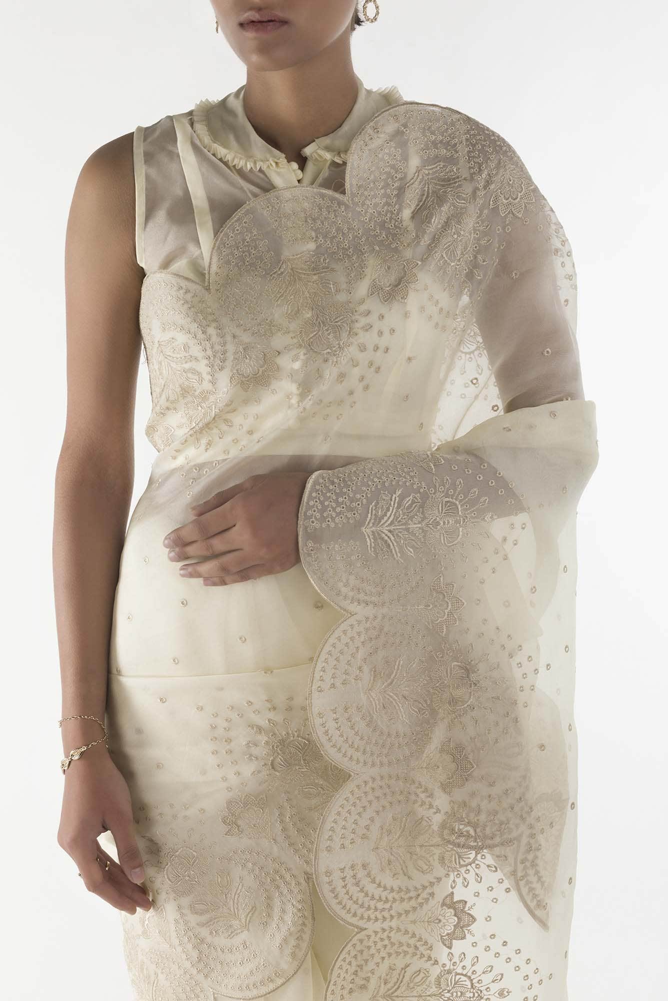 Lovelace Cream floral design saree from Embroidered Romance Collection by Nalli - Image 2