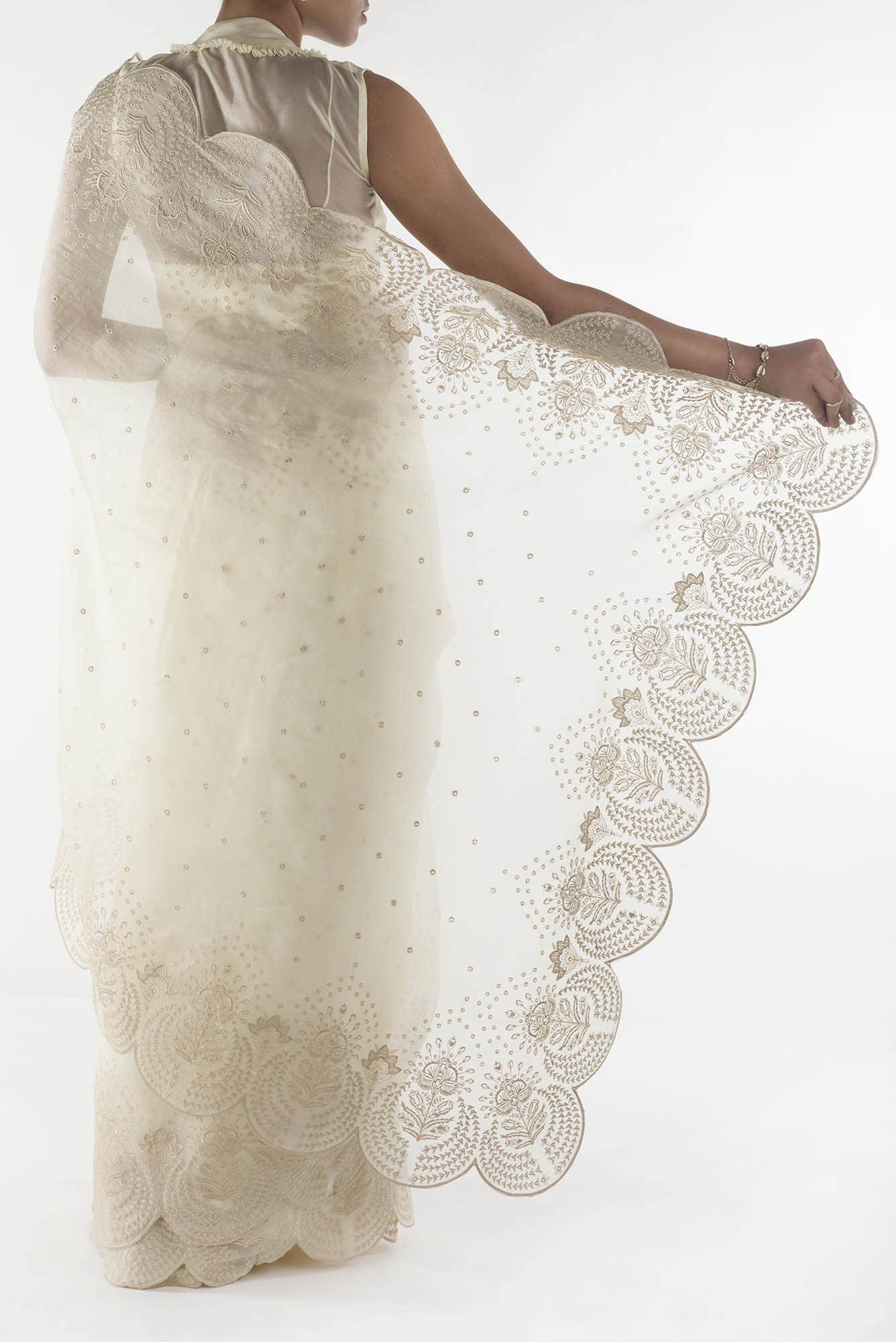 Lovelace Cream floral design saree from Embroidered Romance Collection by Nalli - Image 4