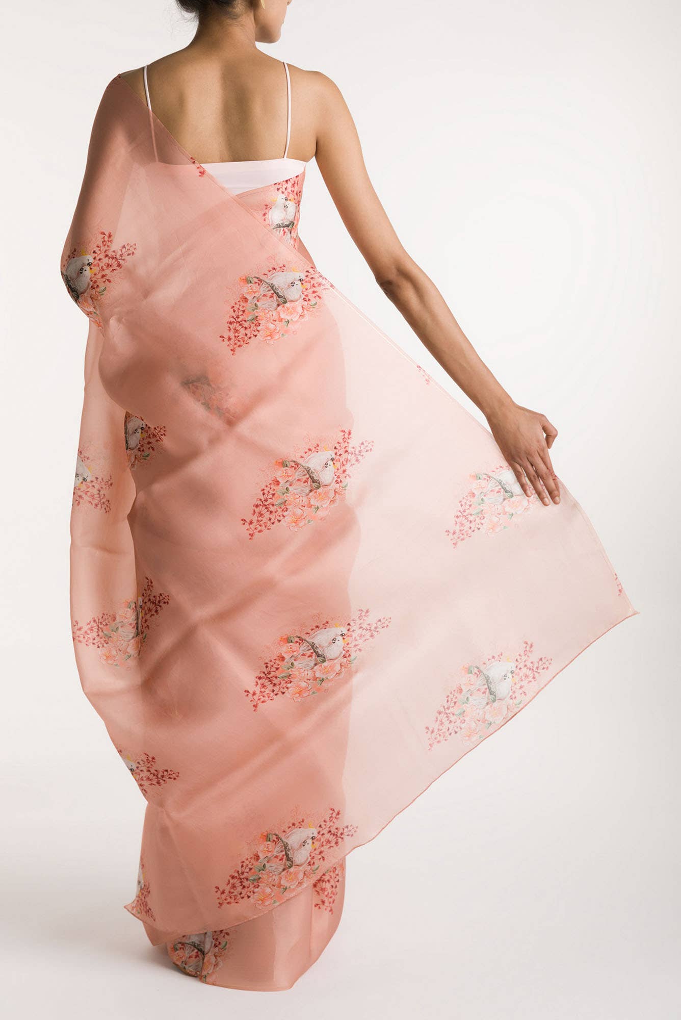 Crowned Cockatoo Peach Satin Organza Saree - Image 3