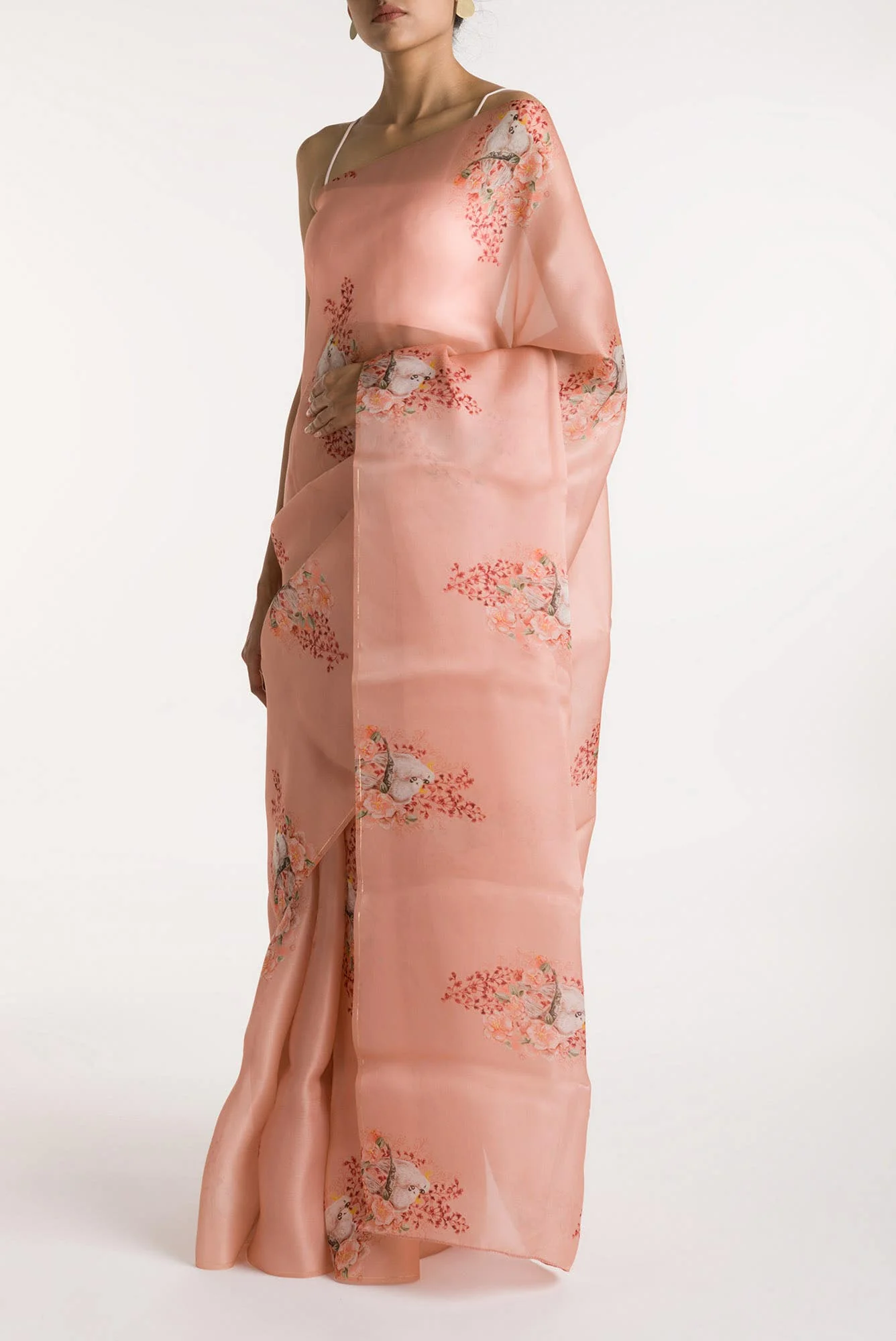 Crowned Cockatoo Peach Satin Organza Saree - Image 4