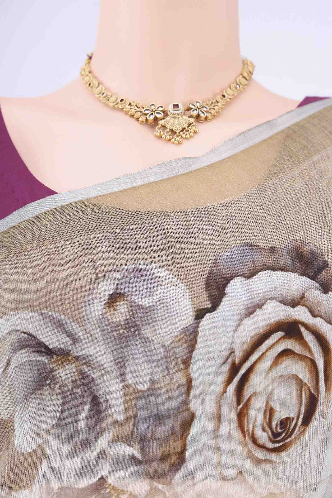 Dark Beige Linen Saree - Image 2