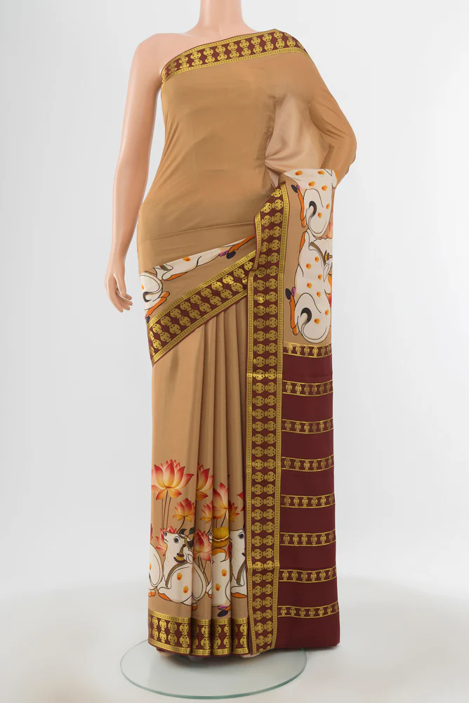 Beige Mysore Crepe Saree