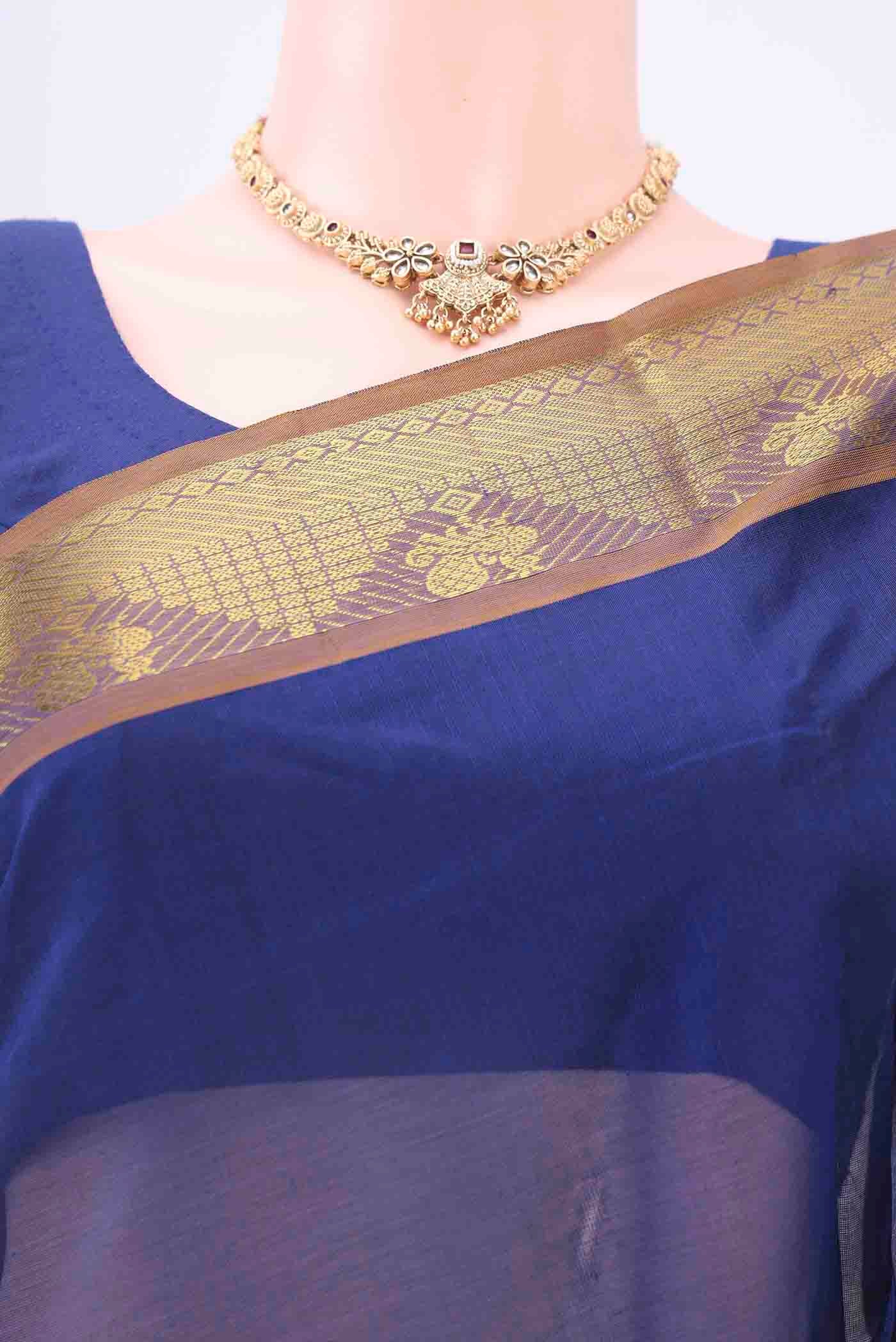 Dark Blue Blended Coimbatore Silk Cotton Saree - Image 2