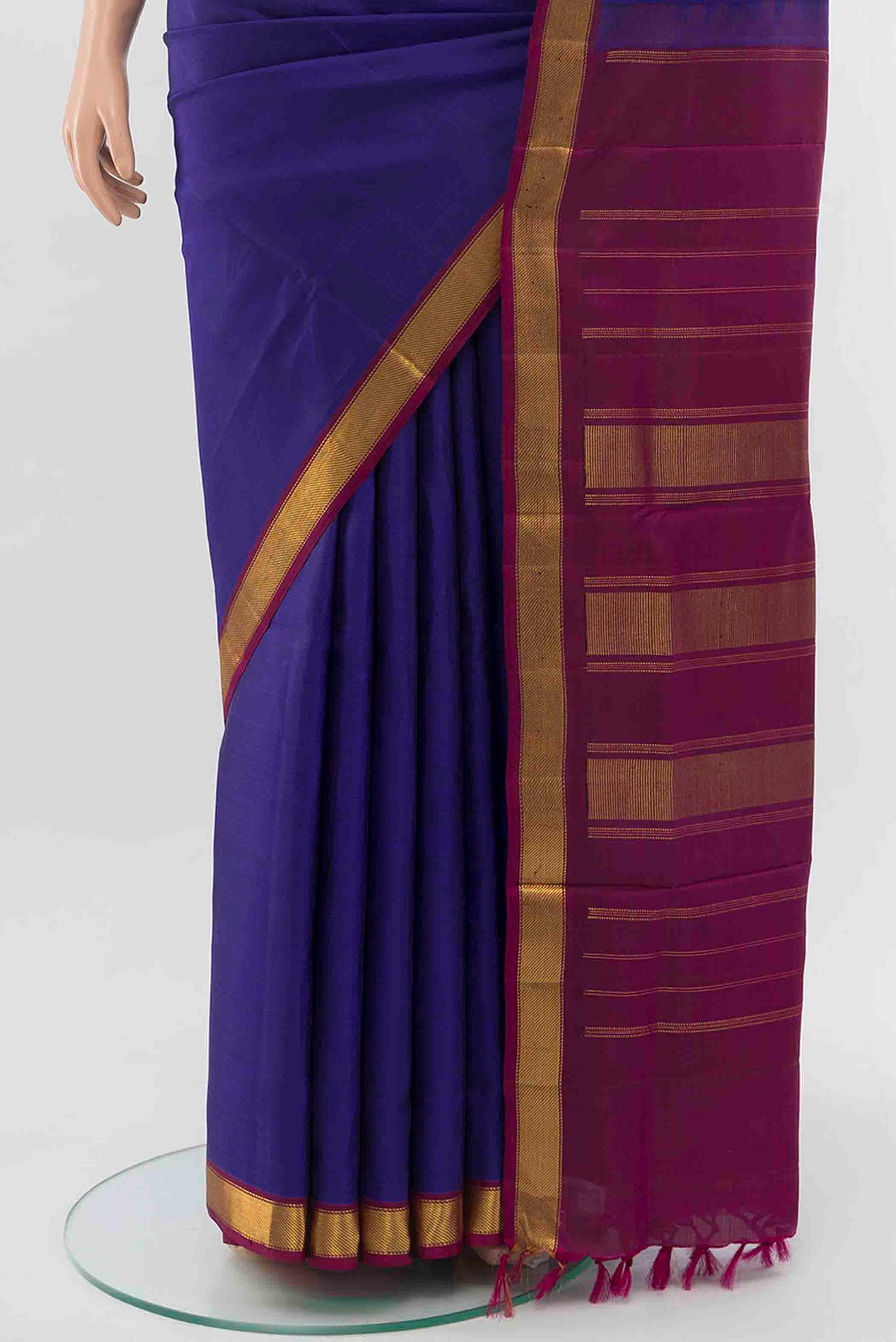 Dark Blue Kanchipuram Silk Nine Yards Saree - Image 3