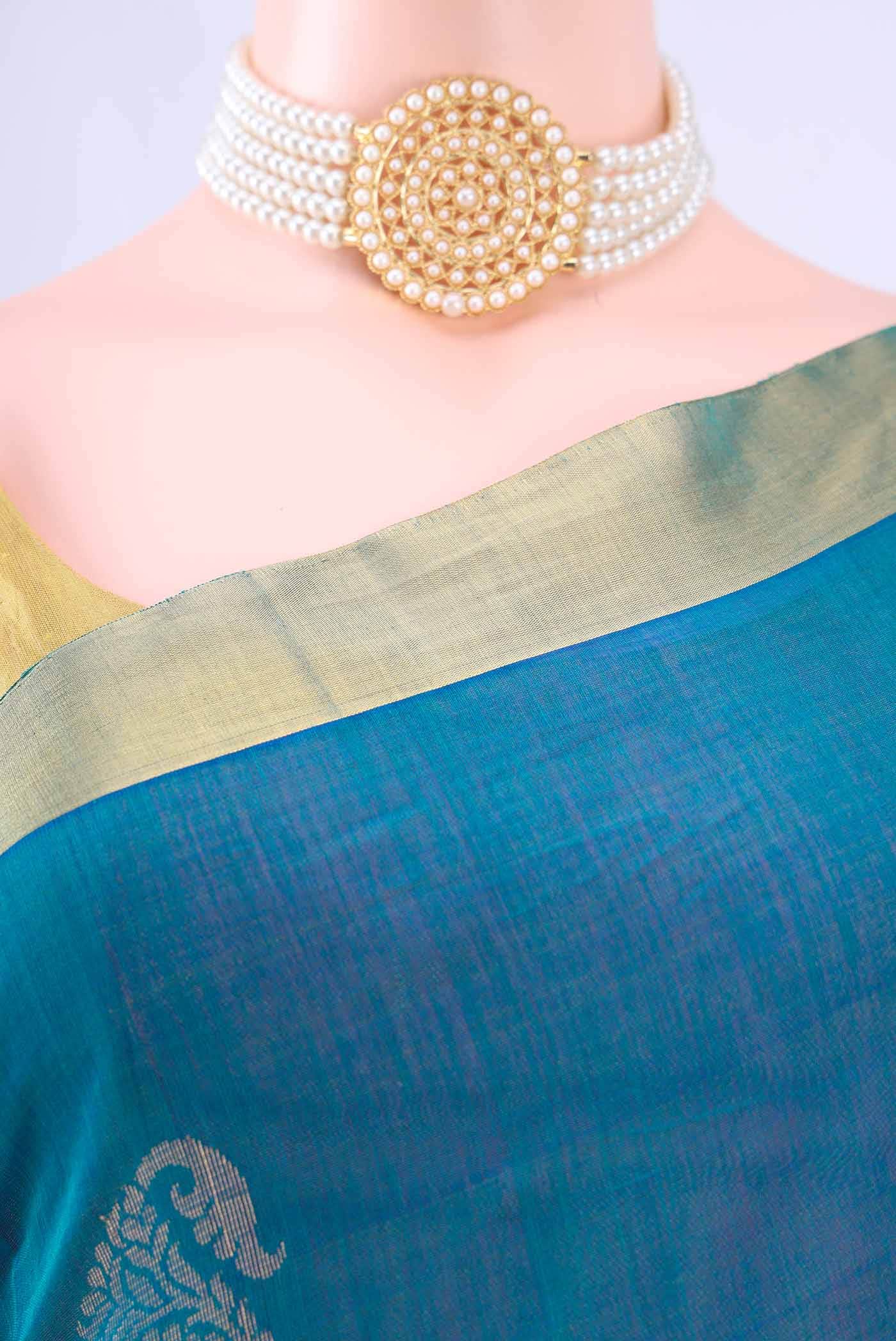 Dark Blue Kora Cotton Saree - Image 3