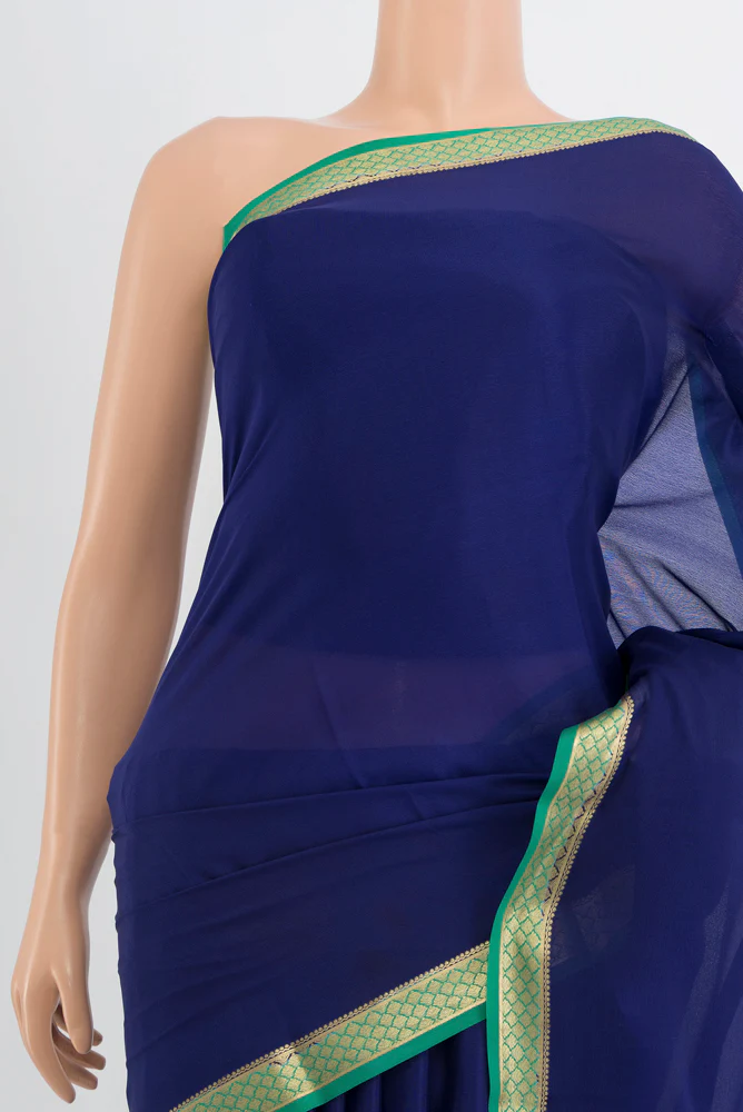 Dark Blue Mysore Crepe Saree - Image 2