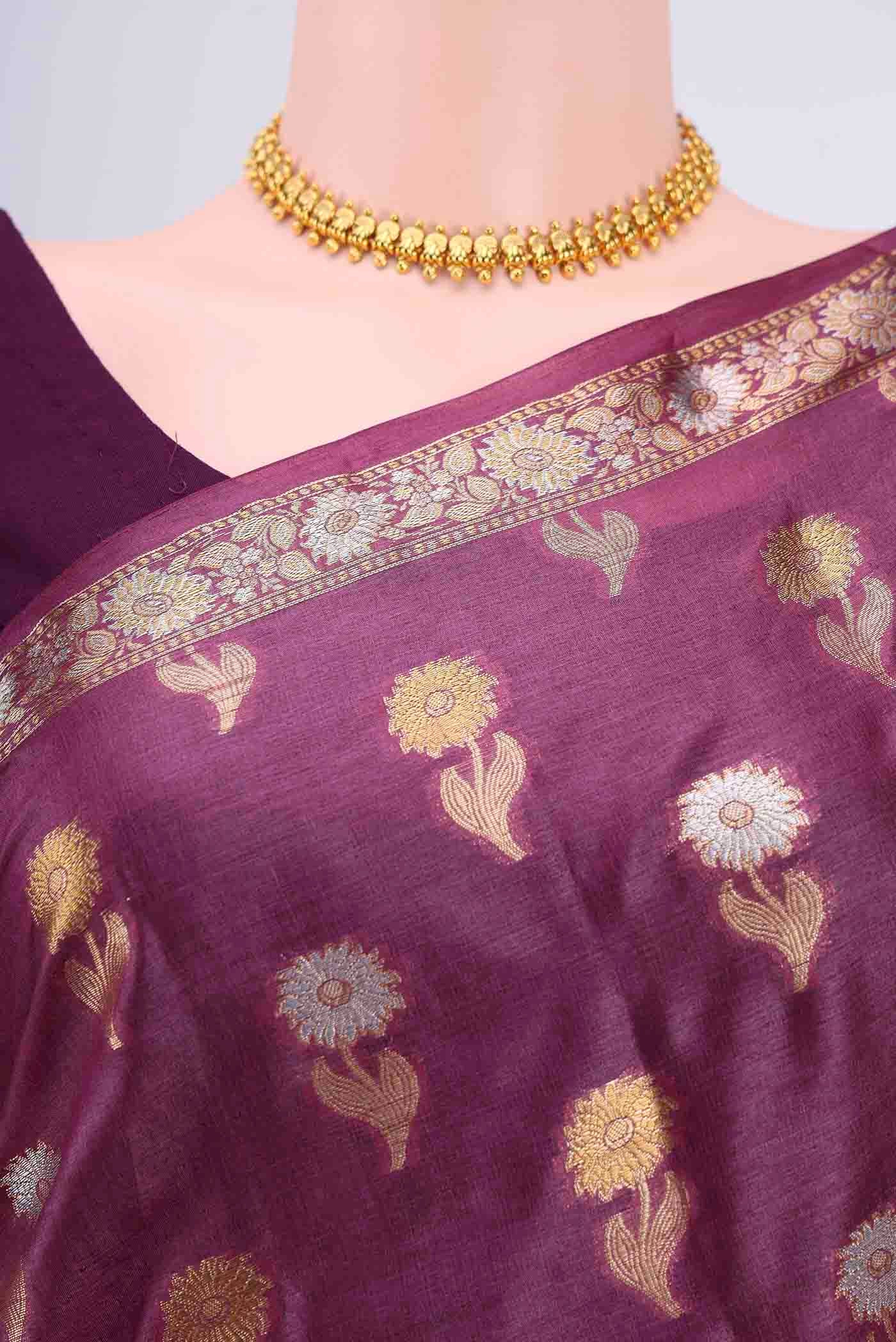 Dark Mauve Banarasi Tussar Silk Saree - Image 2