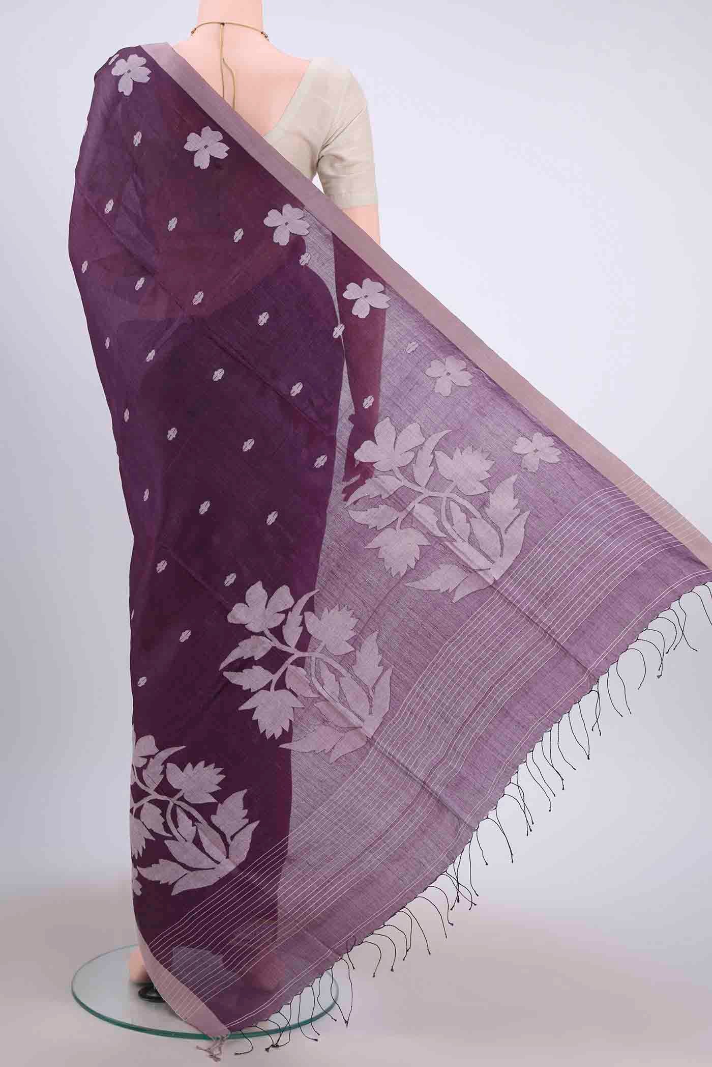 Dark Mauve Tussar Silk Saree - Image 3