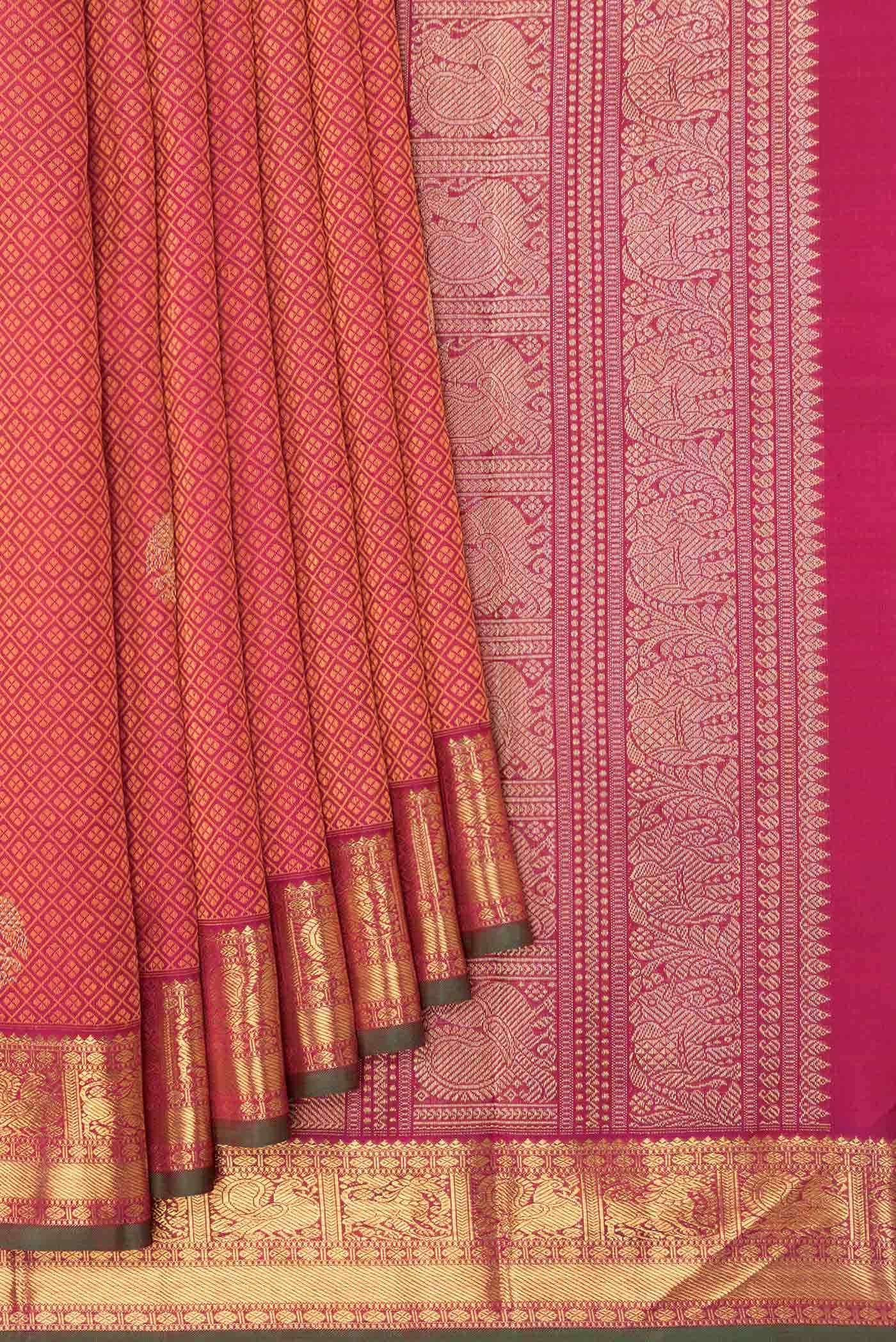 Pure Silk Pure Zari Dark Pink Dual Tone Kanchipuram Saree - Image 2