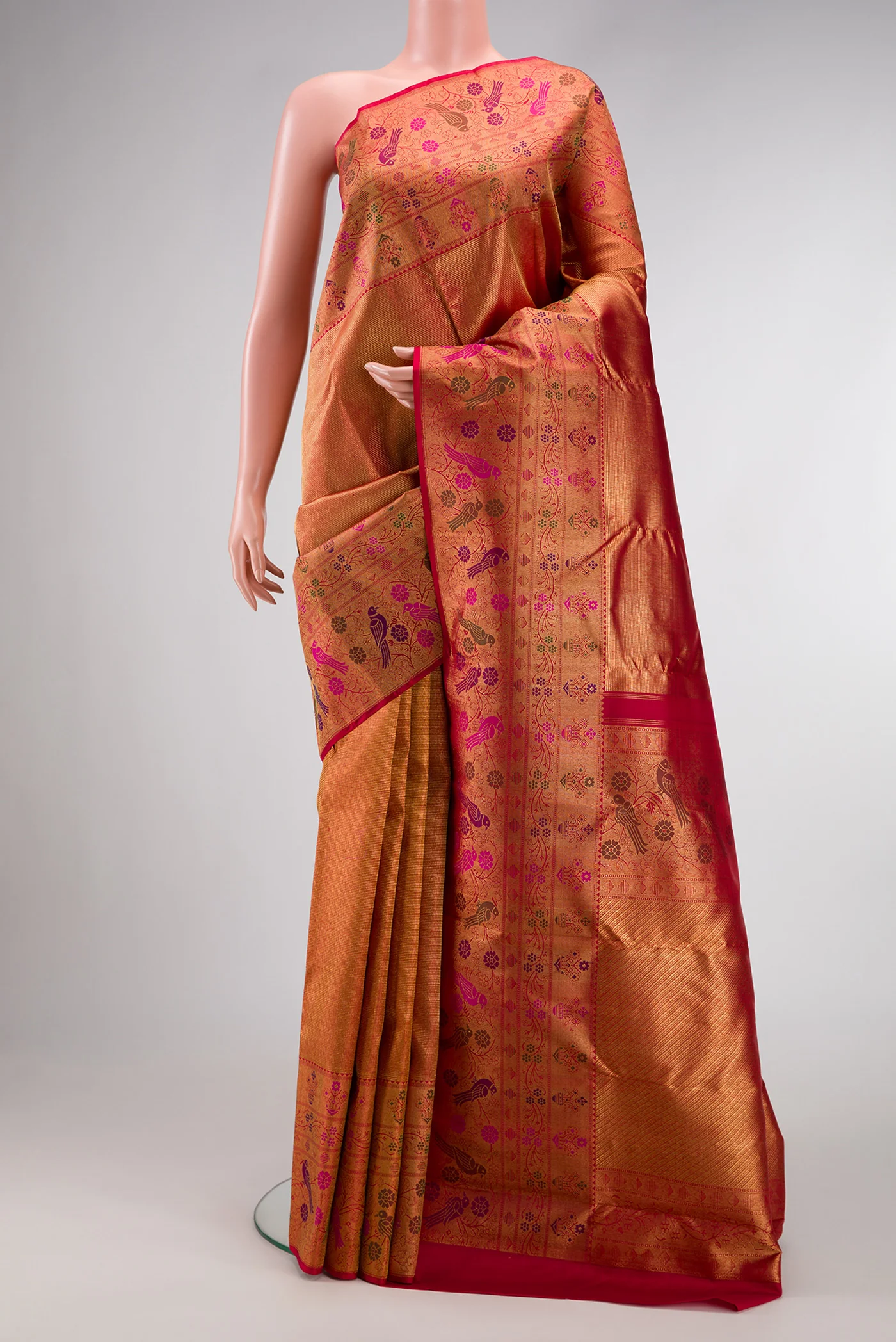 Gold with Red Color Kanjivaram Silk Saree