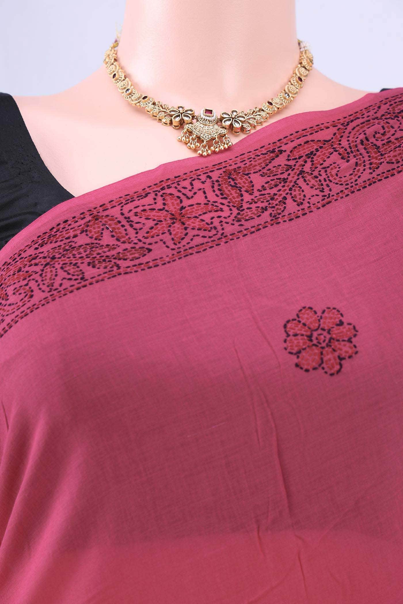 Dark Pink Kantha Silk Saree - Image 3