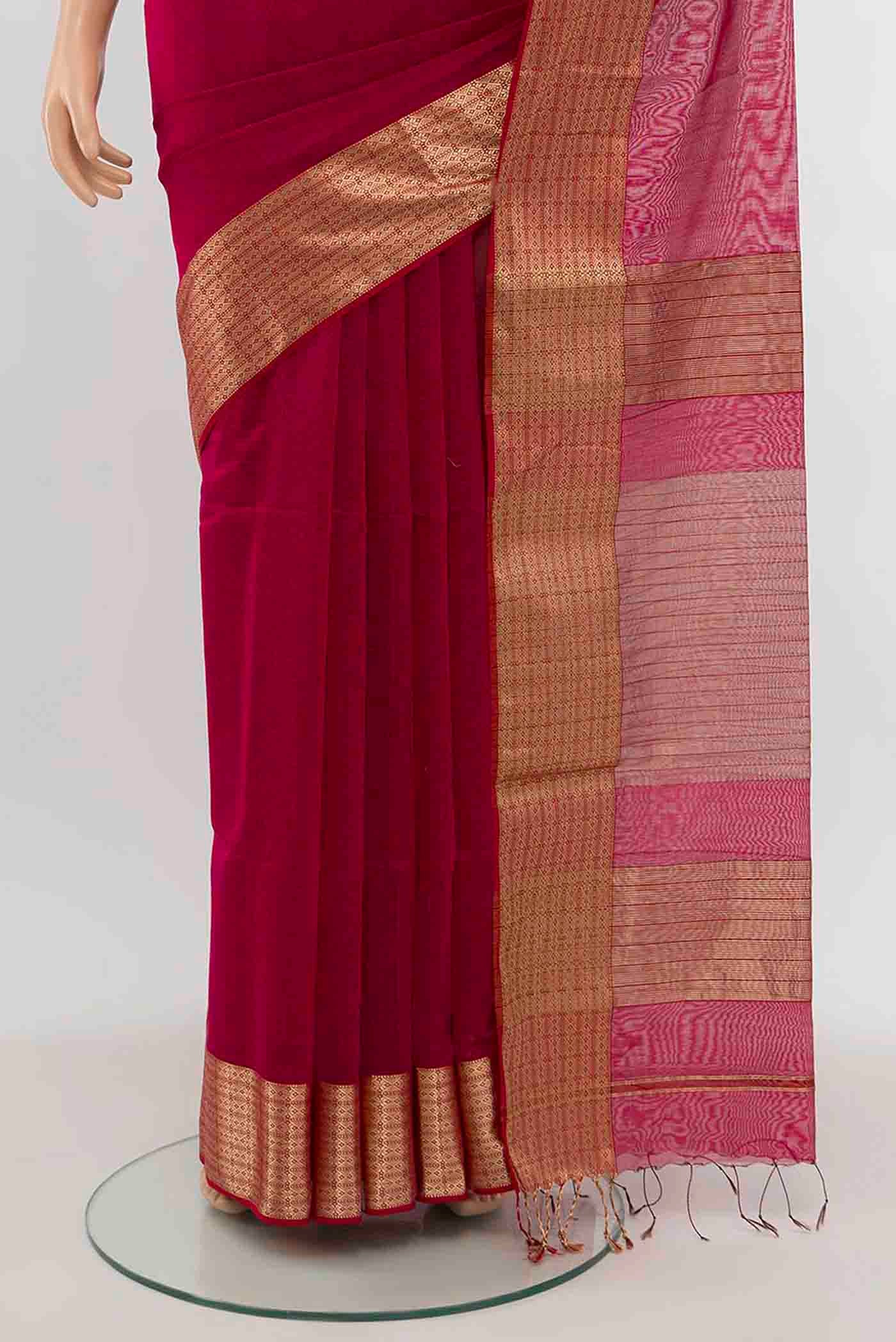 Dark Pink Maheshwari Silk Cotton Saree - Image 3