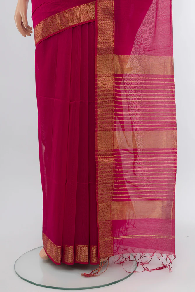 Dark Pink Maheshwari Silk Cotton Saree - Image 3