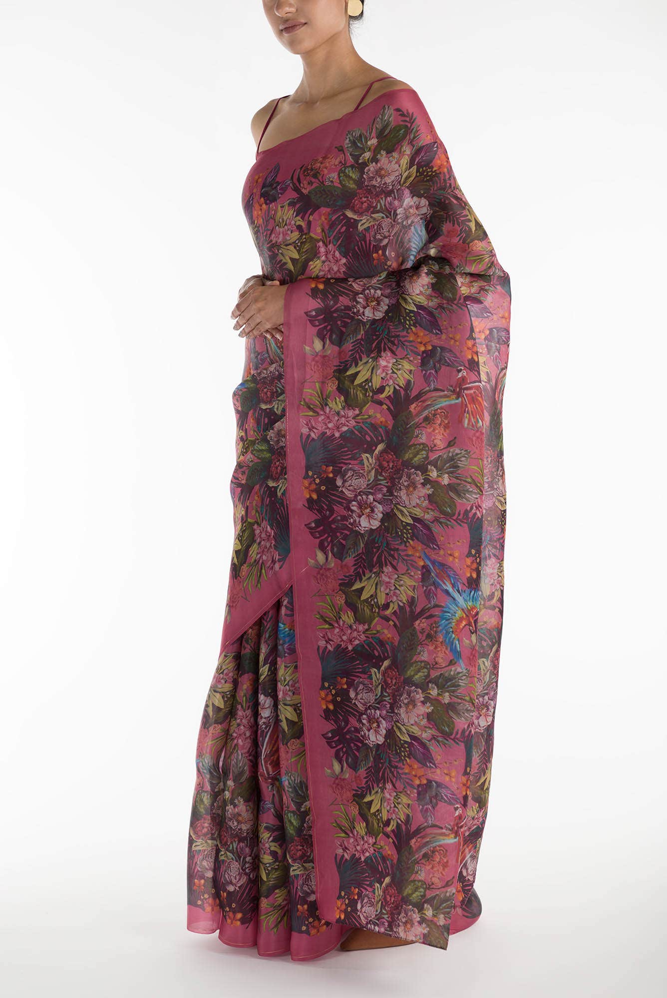 Hyacinth Macaws Dark Pink Satin Organza Saree - Image 4
