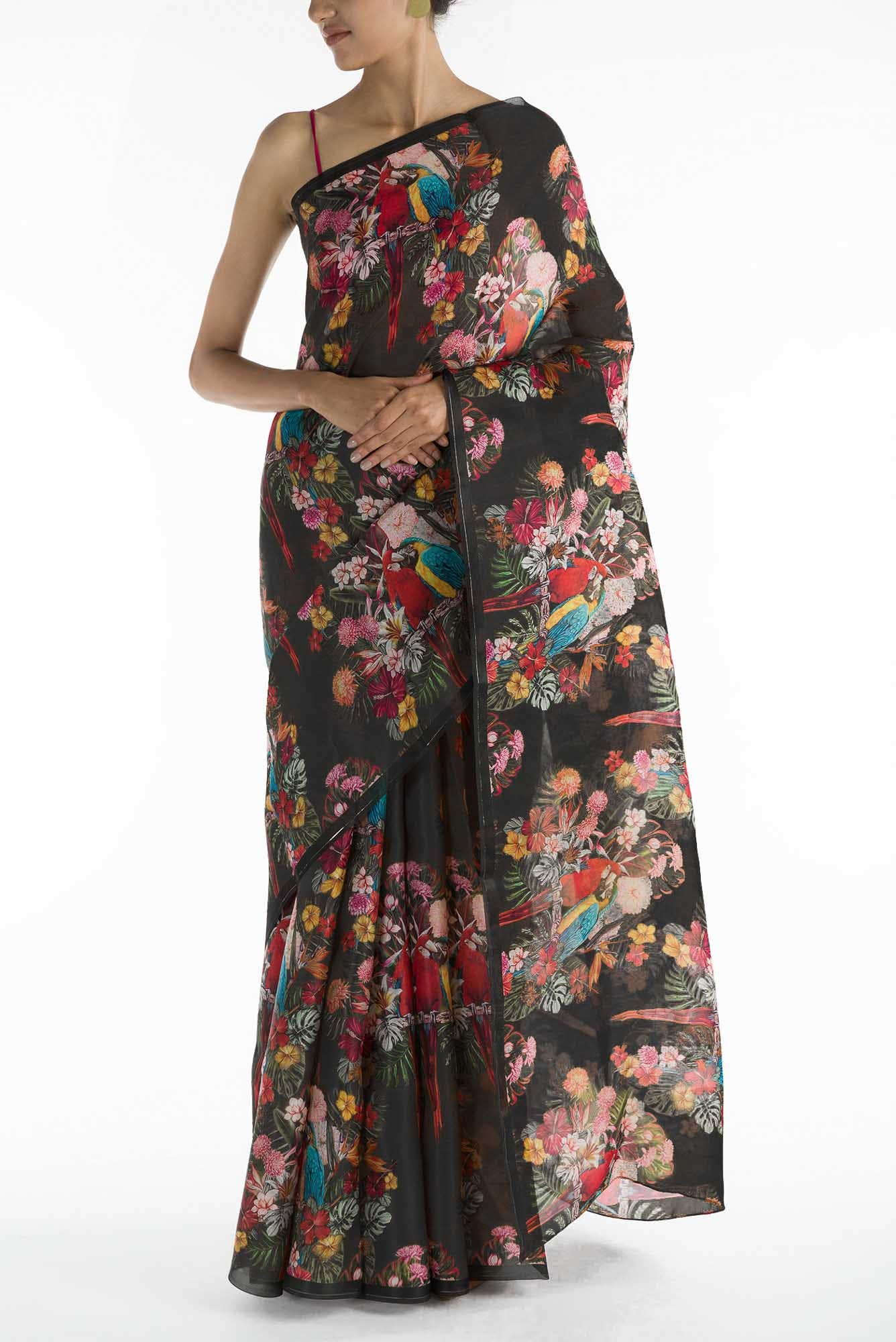 Lover Macaws Dark Teal Satin Organza Saree - Image 2