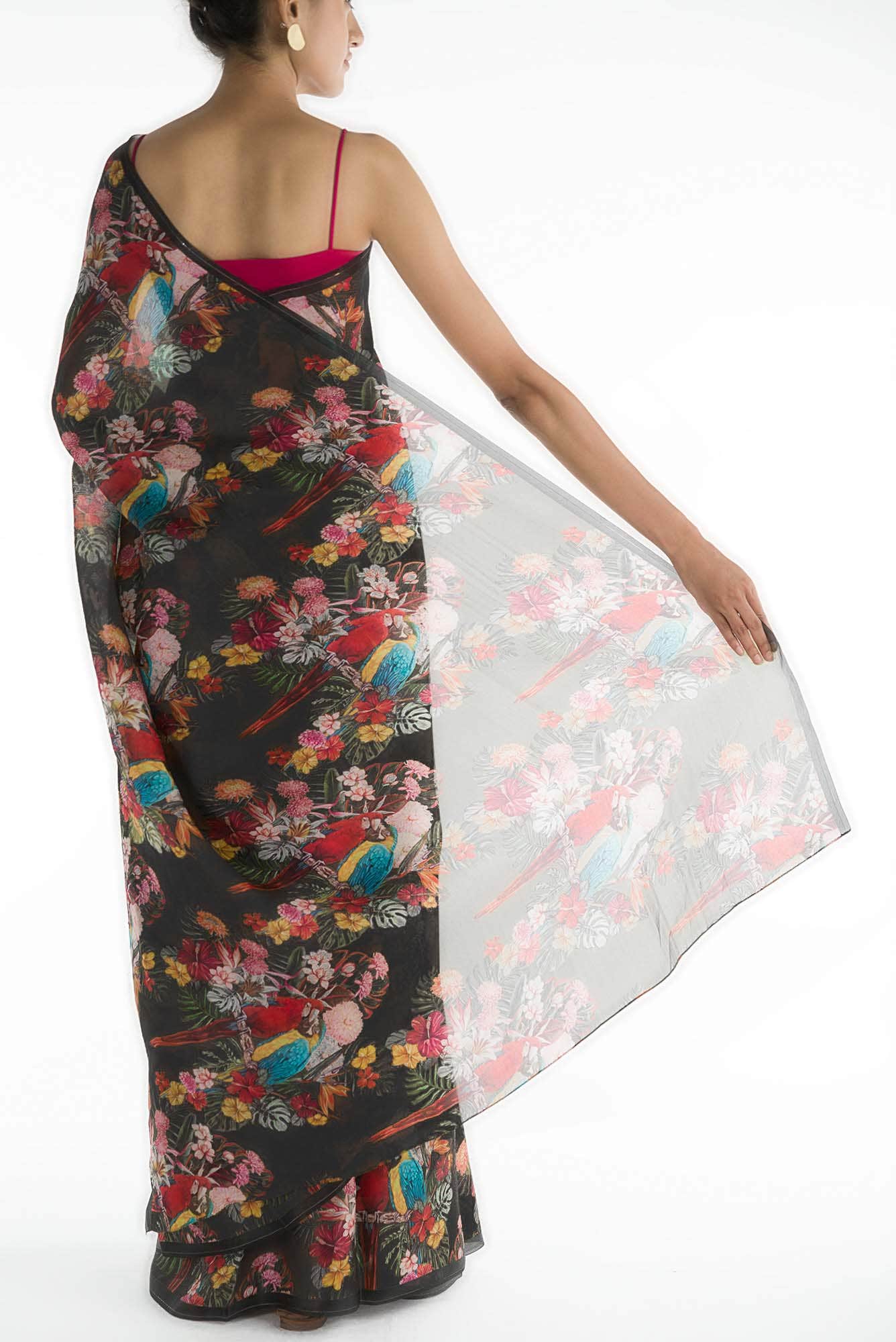 Lover Macaws Dark Teal Satin Organza Saree - Image 4