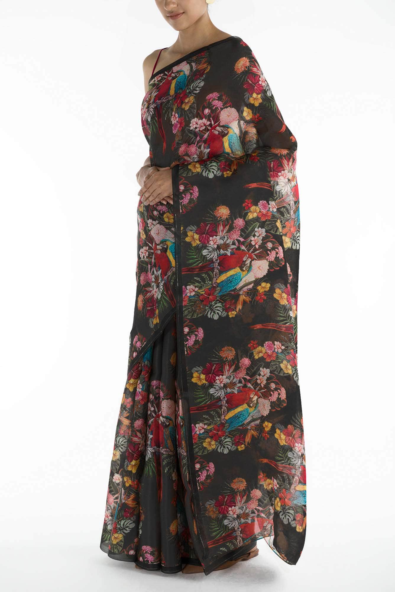 Lover Macaws Dark Teal Satin Organza Saree - Image 5