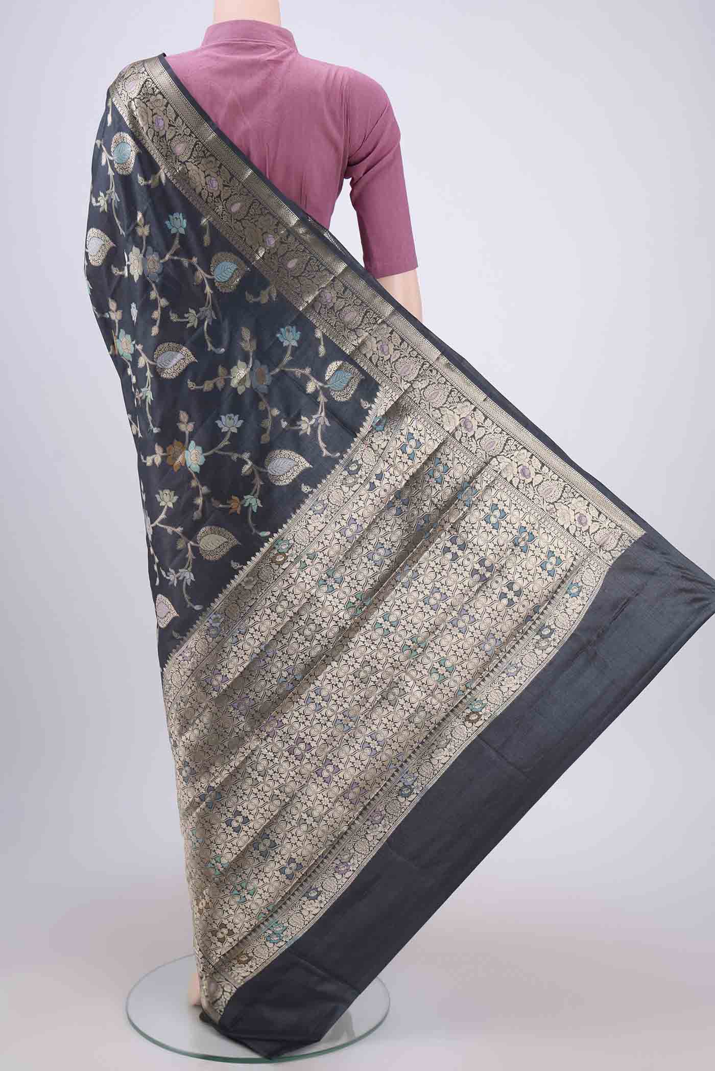 Davys Grey Banarasi Tussar Silk Saree - Image 3