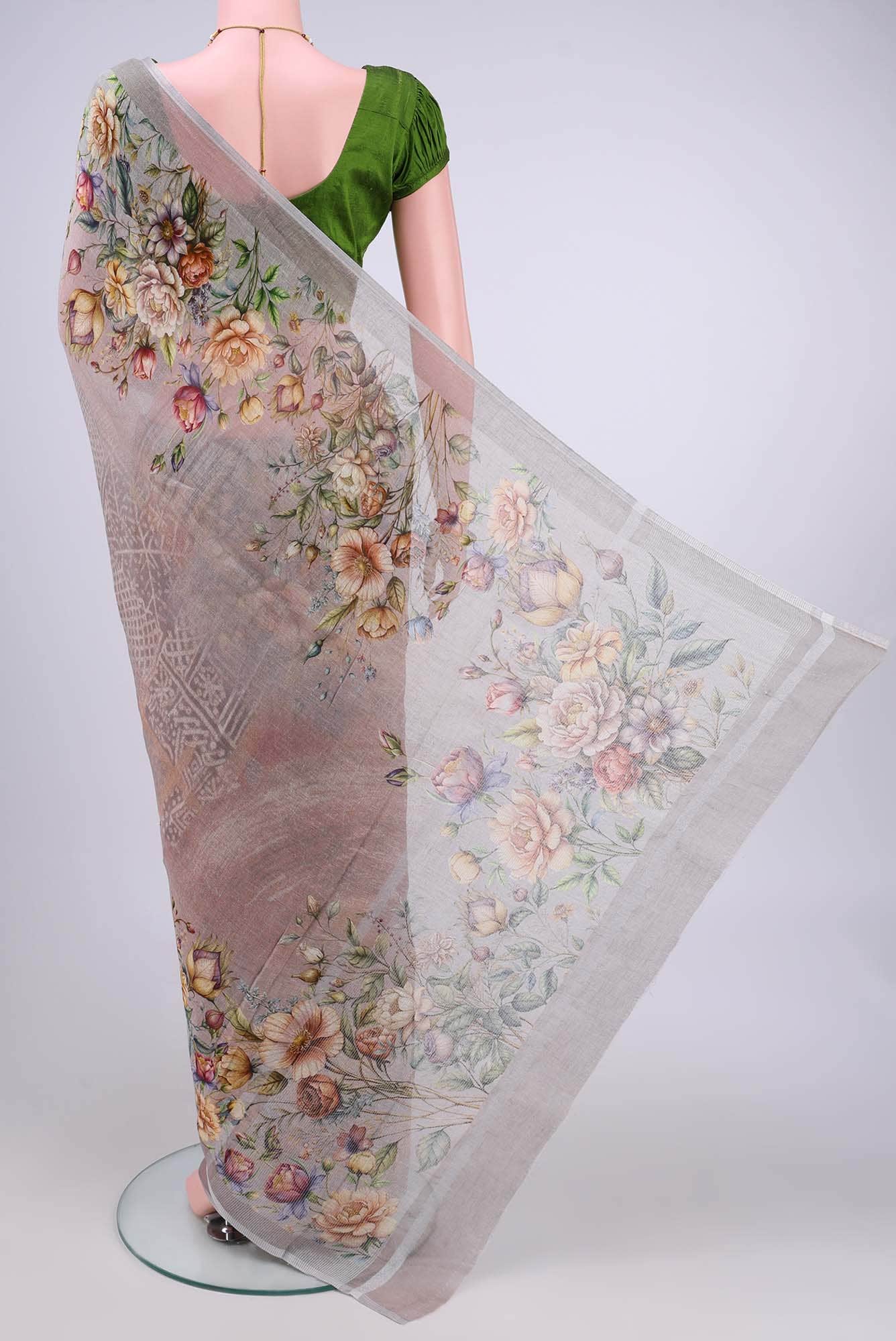 Davys Grey Linen Cotton Saree - Image 2