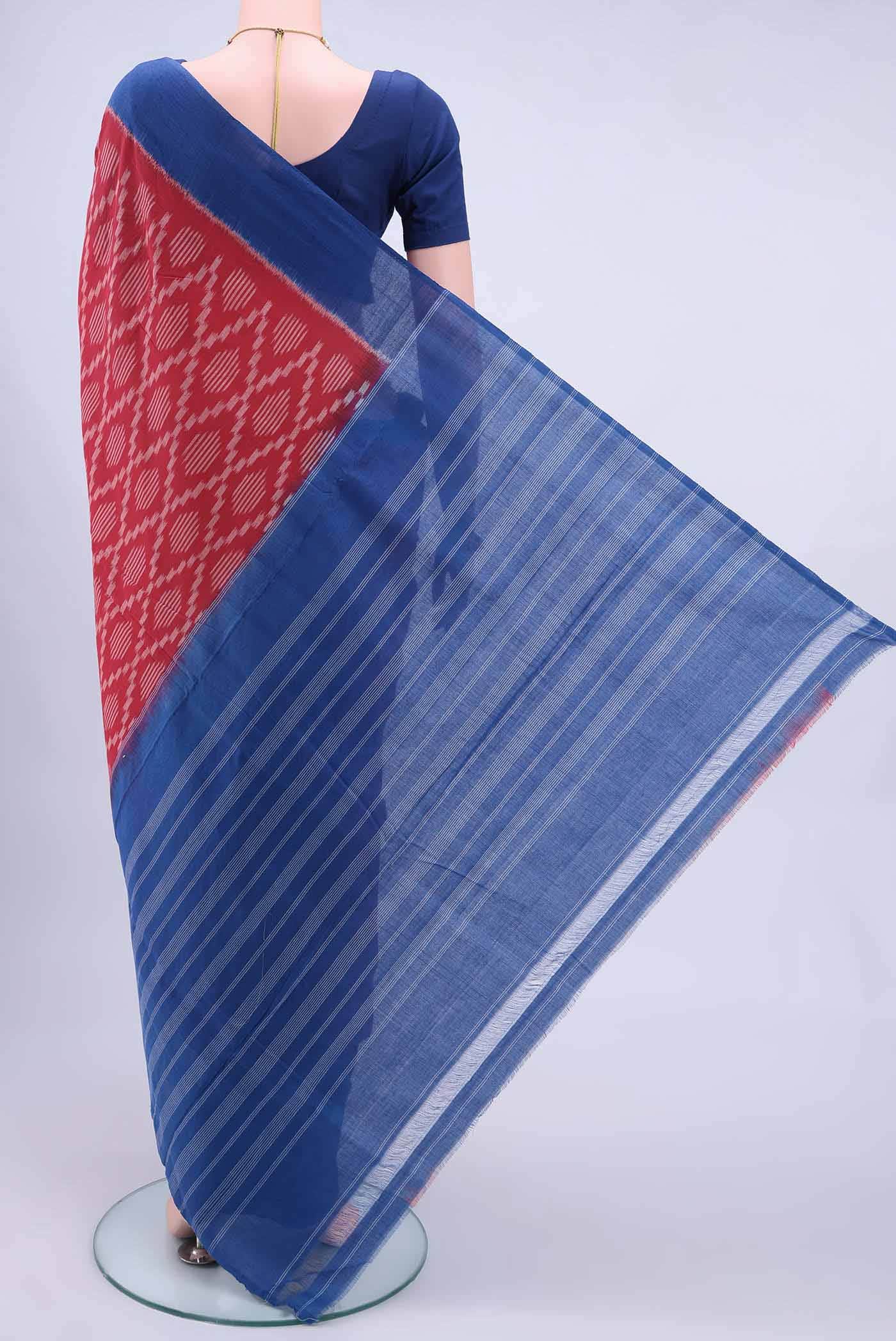 Deep Red Pochampally Cotton Saree - Image 2