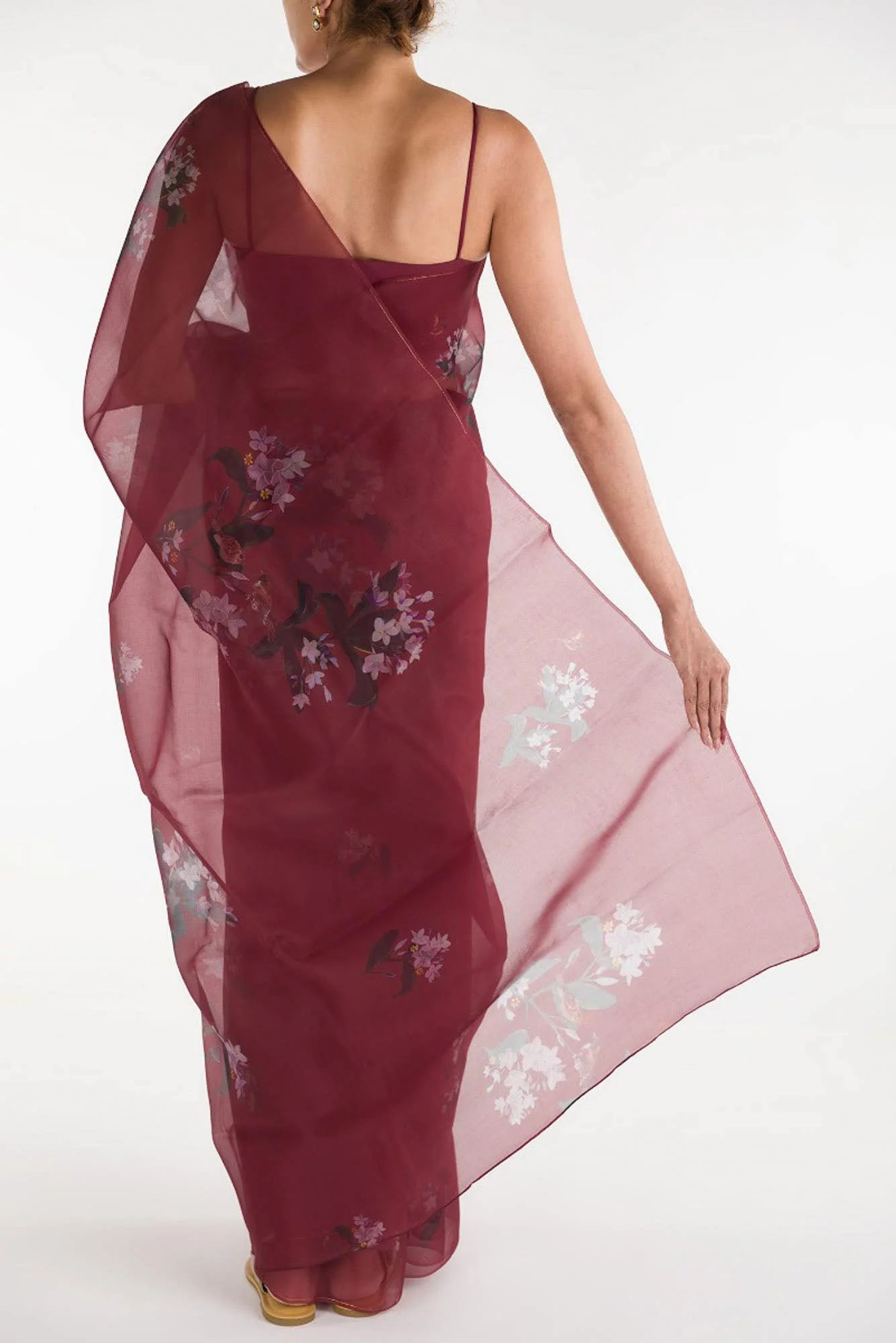 The Sparrows Deep Red Pure Organza Silk Saree - Image 3