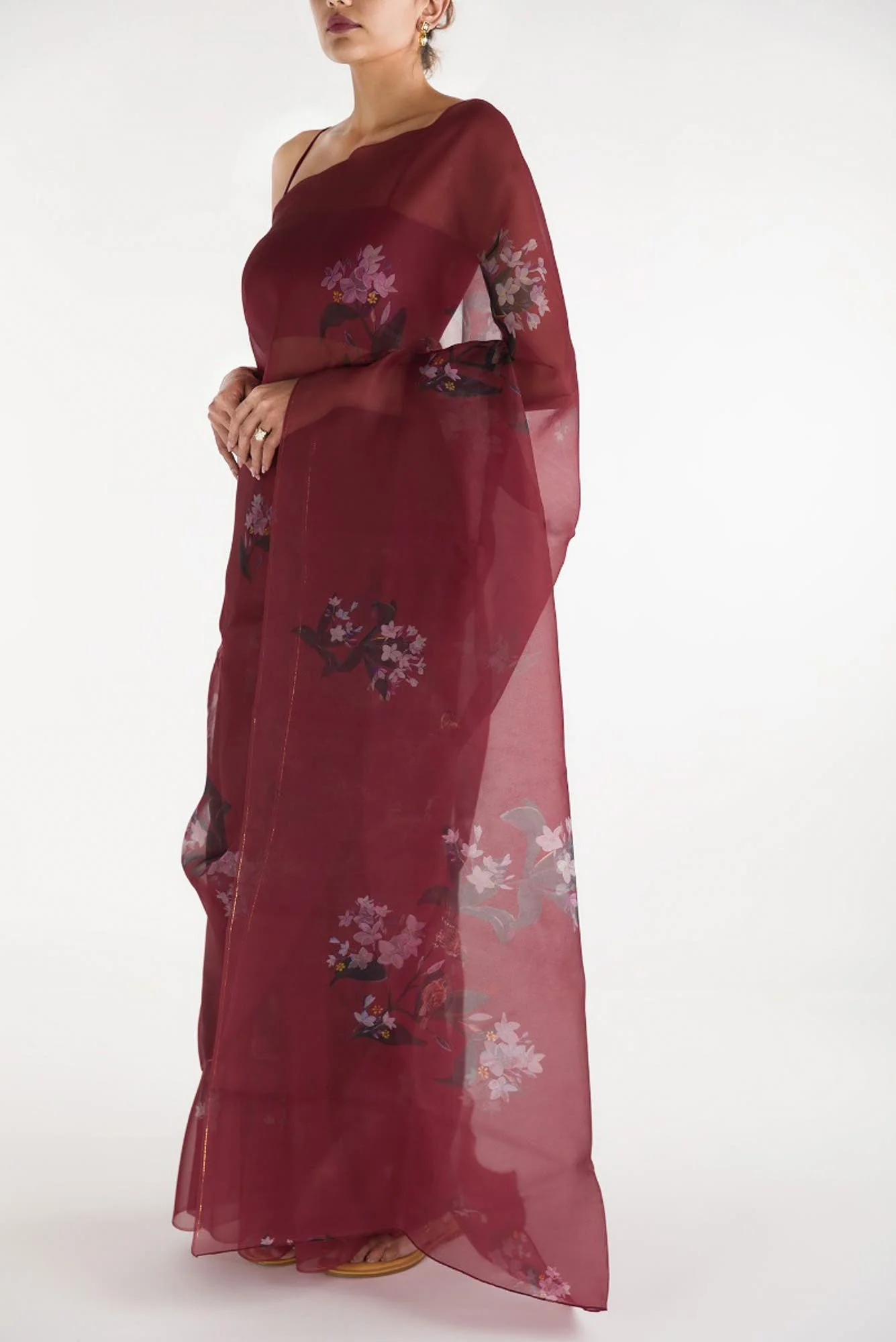 The Sparrows Deep Red Pure Organza Silk Saree - Image 4