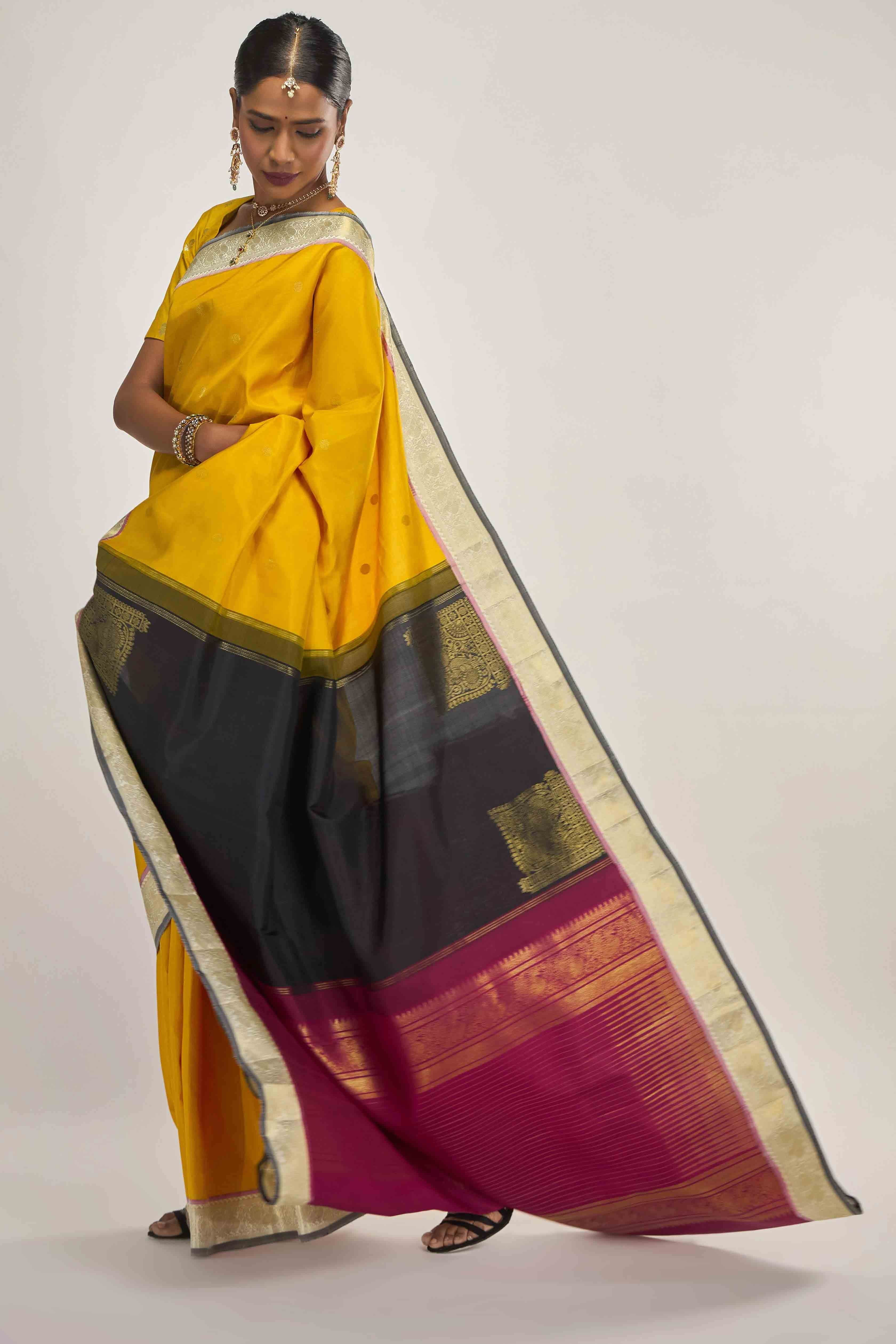 Dvisha-Pure Silk Pure Gold Zari Mustard Yellow Kanchipuram Saree - Image 3