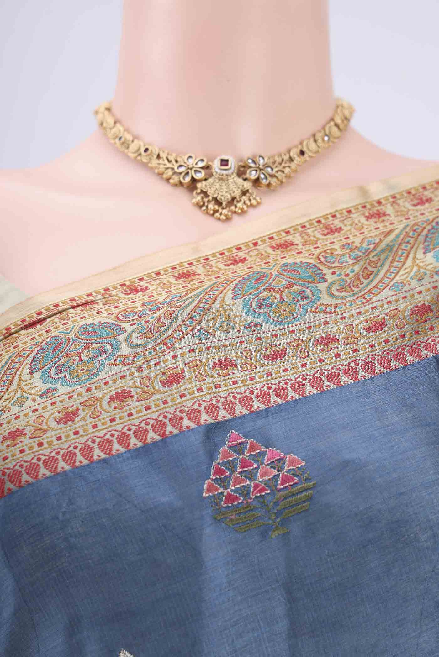 Electric Blue Banarasi Tussar Silk Saree - Image 2