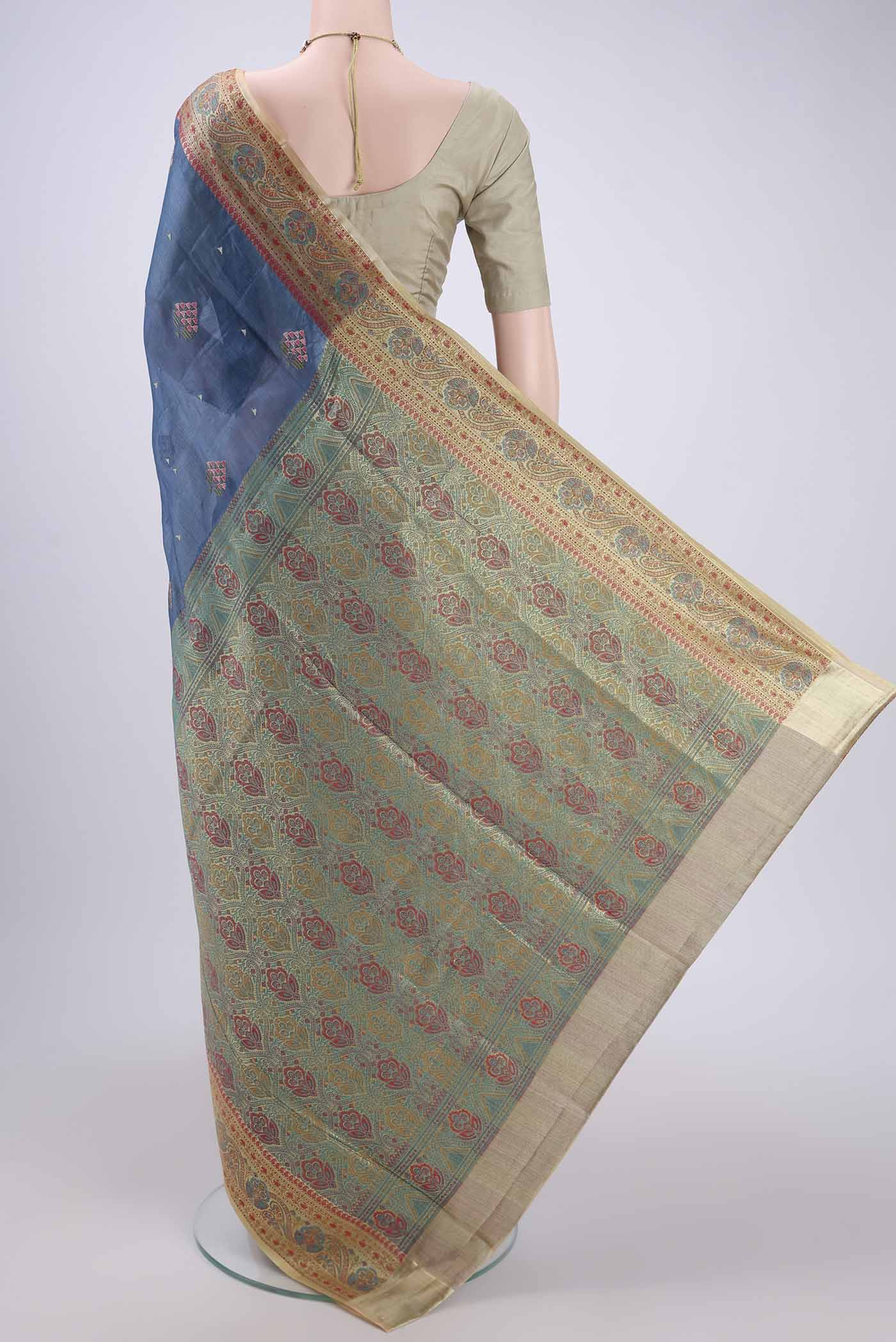 Electric Blue Banarasi Tussar Silk Saree - Image 3
