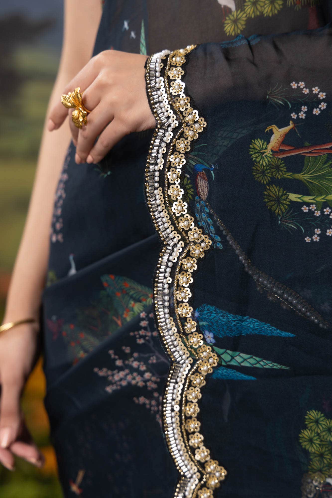 Enchanted Dreams-Dark Blue Organza Silk Saree - Image 3