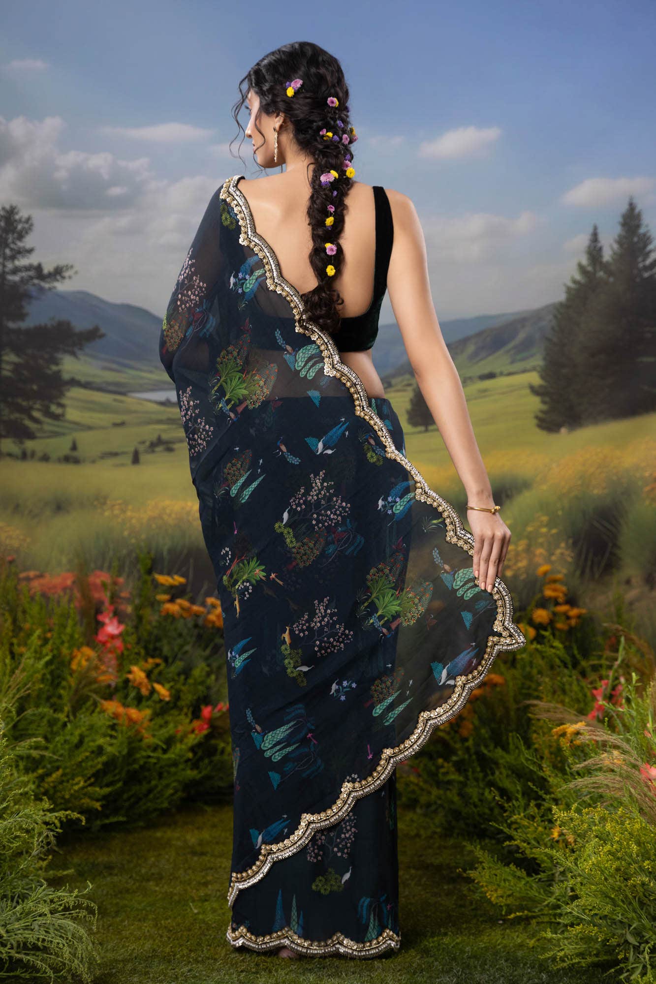 Enchanted Dreams-Dark Blue Organza Silk Saree - Image 5